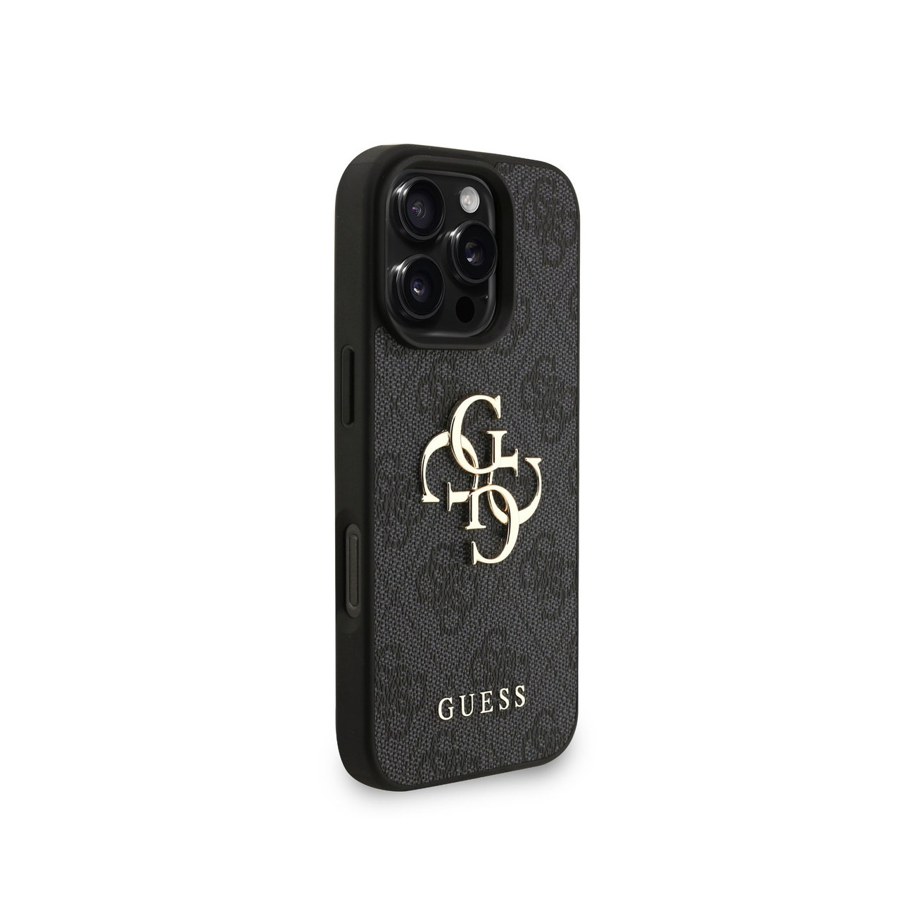 Custodia nera per telefono con logo e fantasia Guess, su sfondo bianco.