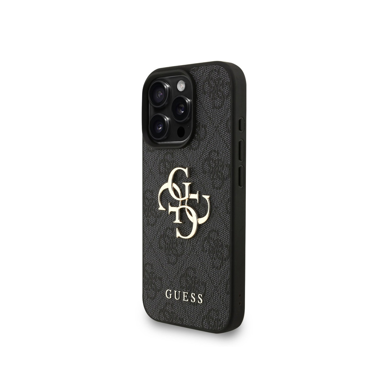 Custodia nera per telefono con logo e motivo GUESS. Protezione fotocamera in alto.