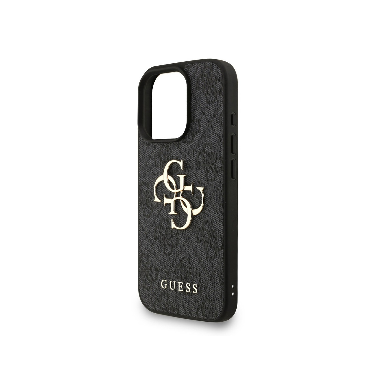 Custodia nera per telefono con motivo ripetuto, logo dorato e scritta GUESS.