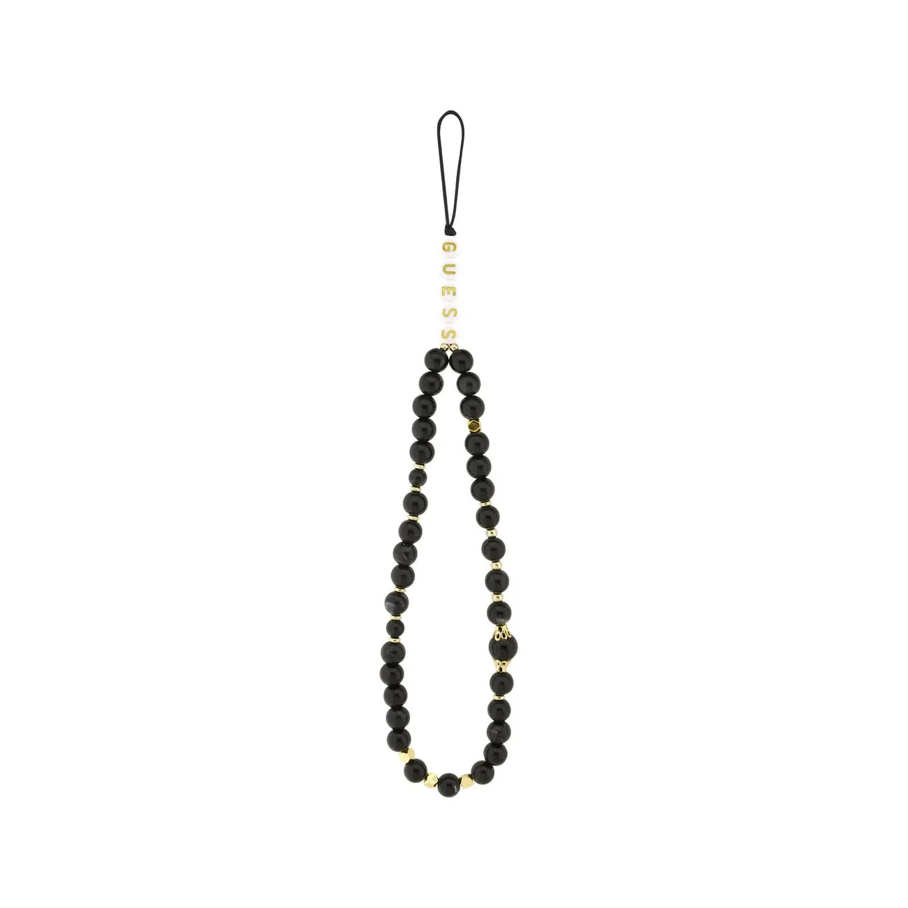 Collana di perle nere con accenti dorati e la parola GUESS.