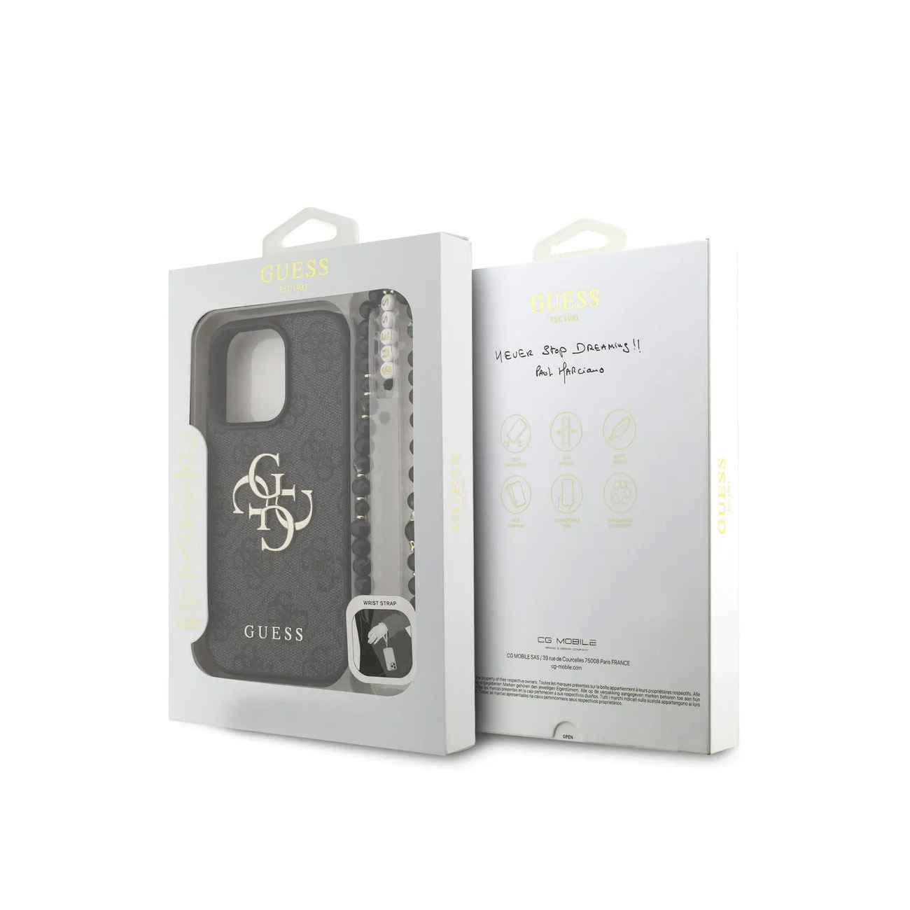 Custodia Guess per telefono con cinturino di perle e firma.