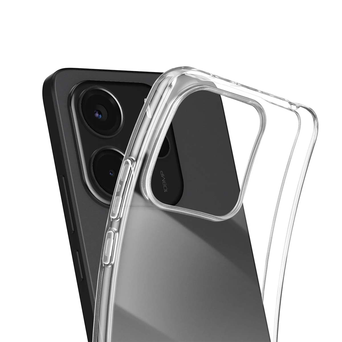 Coque de téléphone transparente sur un smartphone sombre montrant caméras et boutons.