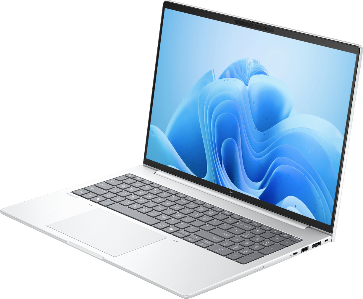 Gümüş rengi bir HP dizüstü bilgisayar açık, ekranında mavi soyut duvar kağıdı gösteriyor.