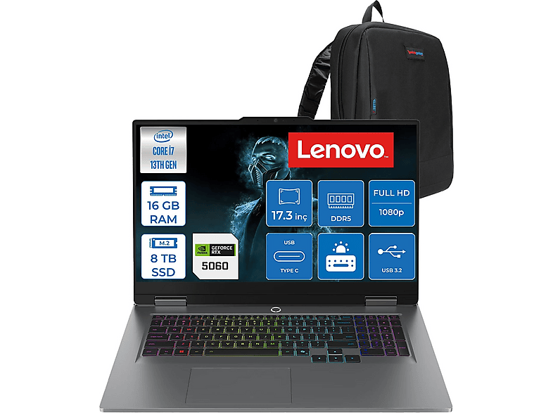 LENOVO LOQ 17IRX10 RTX5060 8GB FHD 165HZ W83JH00BQTRF06 Intel Core i7-13700HX 16 GB RAM 8 TB SSD 17,3 inç FreeDOS Laptop+Çanta Gri