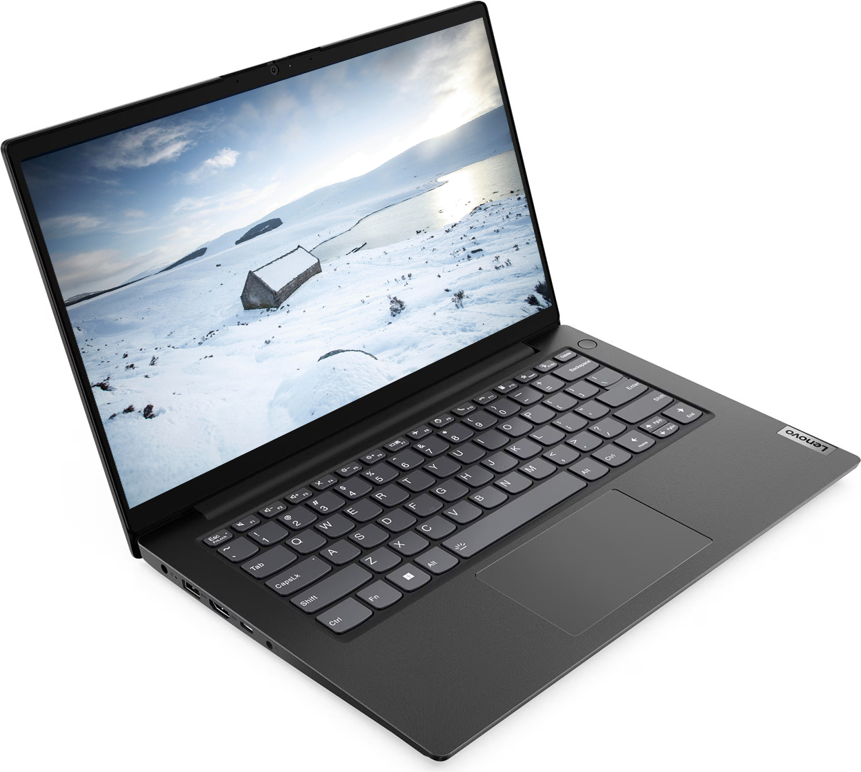 Ekranında karlı bir manzara gösteren açık siyah bir Lenovo dizüstü bilgisayar.