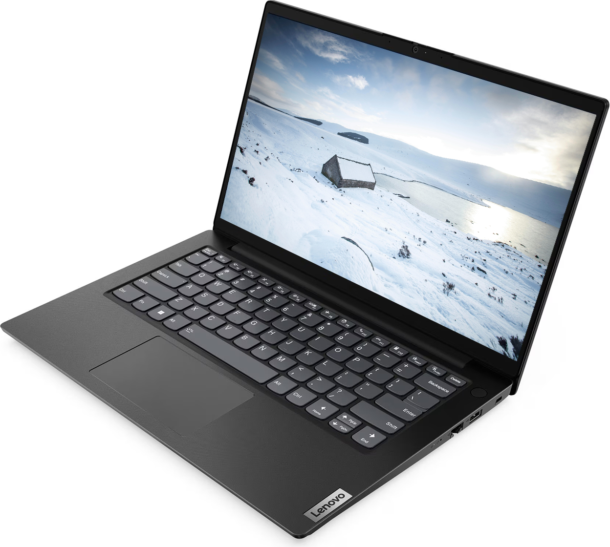 Açık siyah Lenovo dizüstü bilgisayar ekranında karlı bir manzara gösteriyor.