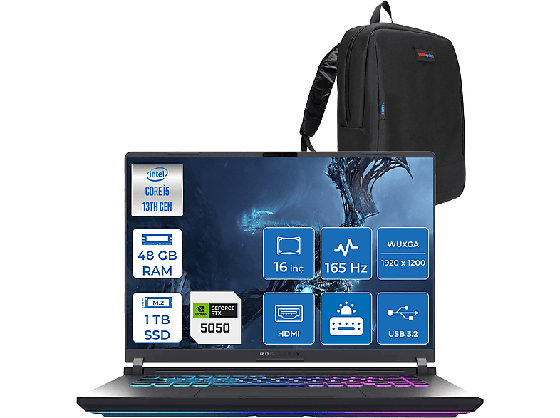 ASUS Rog Strix G16 8GB/RTX5050 115W Wuxga 165Hz 3ms IPS WRX053F19 Intel Core i5-13450HX 48 GB RAM 1 TB SSD 16 inç FreeDOS Laptop+Çanta Siyah