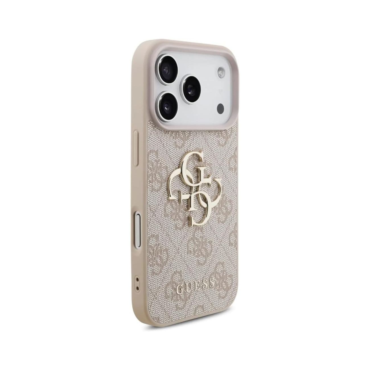 Una custodia per telefono beige con logo e motivo GUESS.