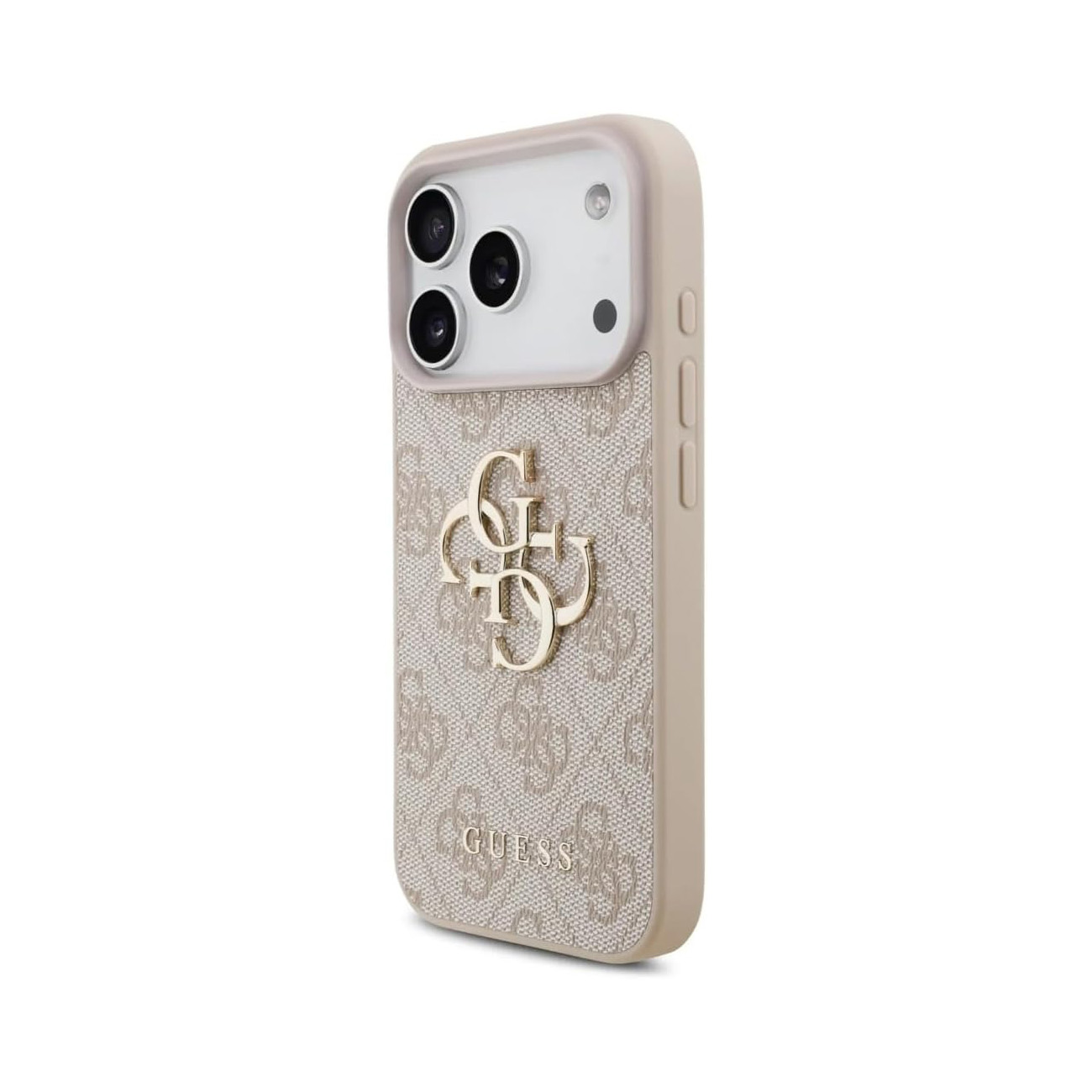 Una custodia per telefono beige con motivo a logo G ripetuto ed emblema logo G dorato.