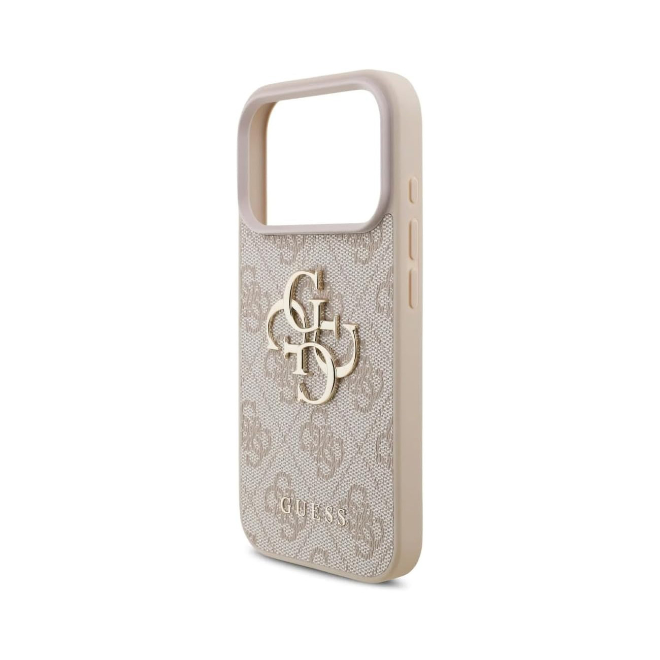 Una custodia per telefono beige con logo GUESS e motivo monogramma.