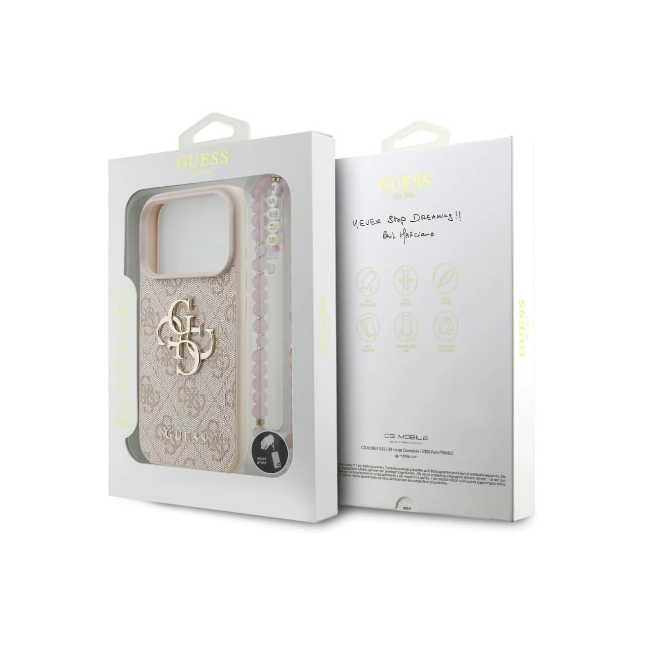 Custodia Guess con logo e cinturino di perline su confezione.