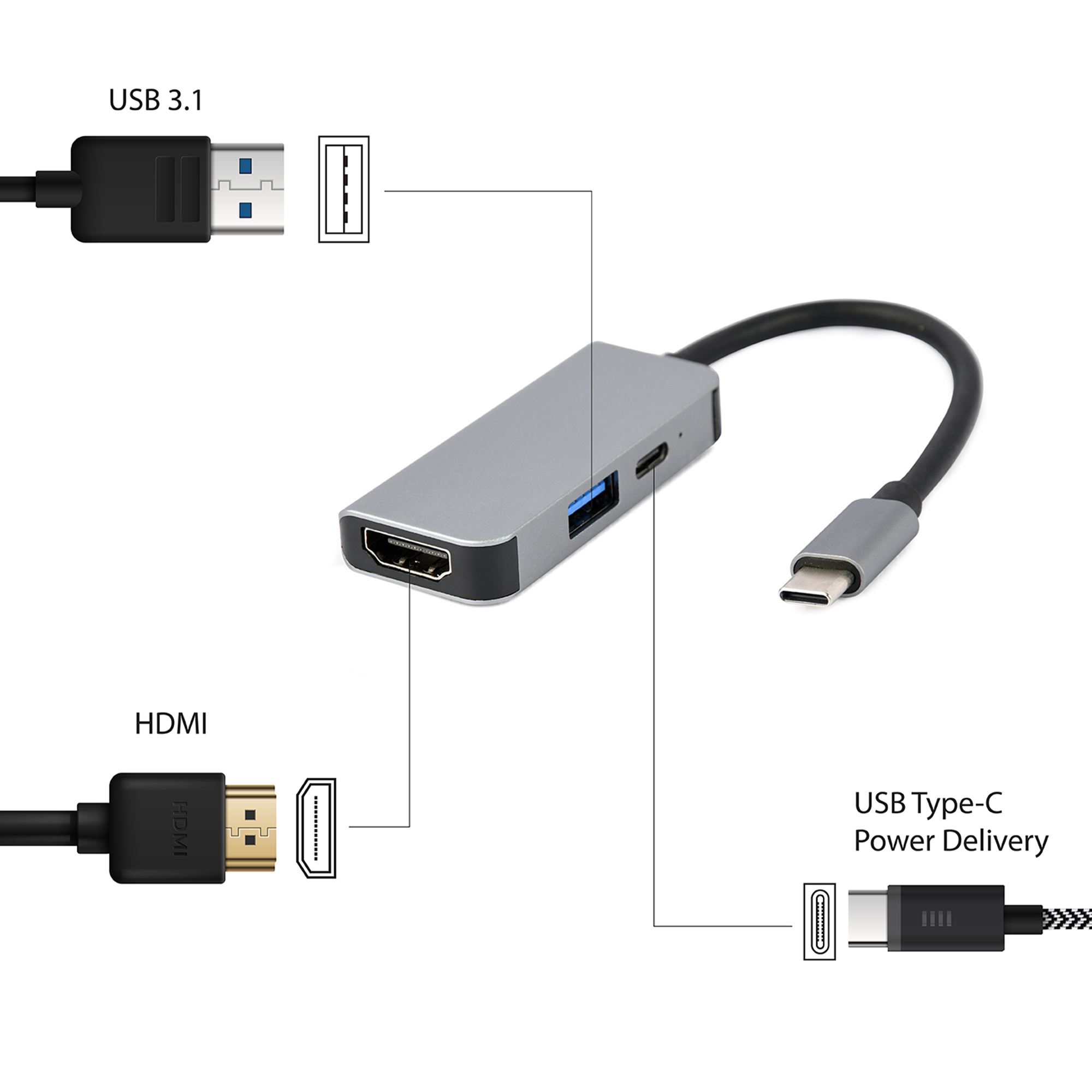 Ein silberner USB-C-Hub mit HDMI-, USB 3.1- und USB-C-Anschlüssen.