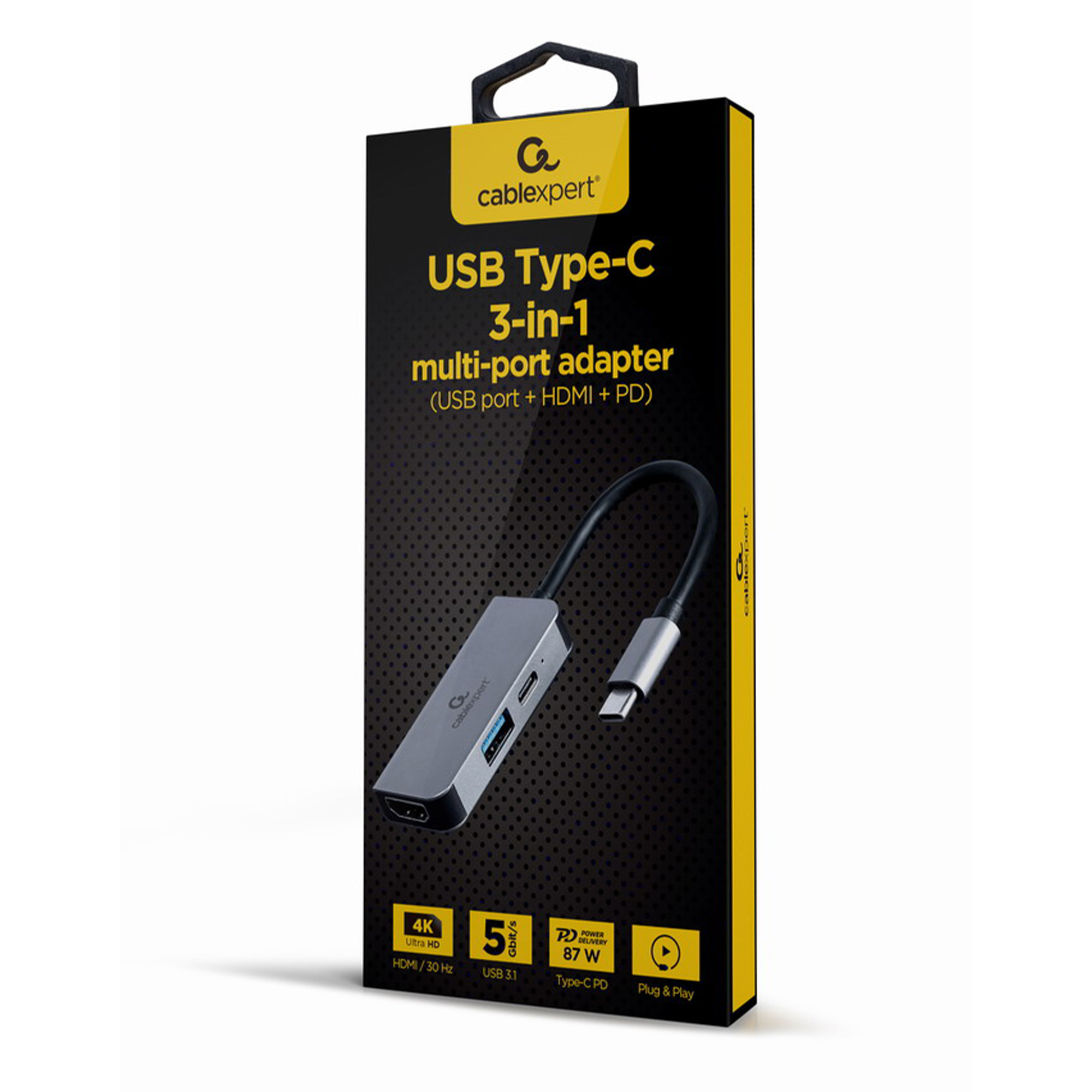 Verpackung für einen Cablexpert USB-C 3-in-1 Adapter mit HDMI, USB und PD.
