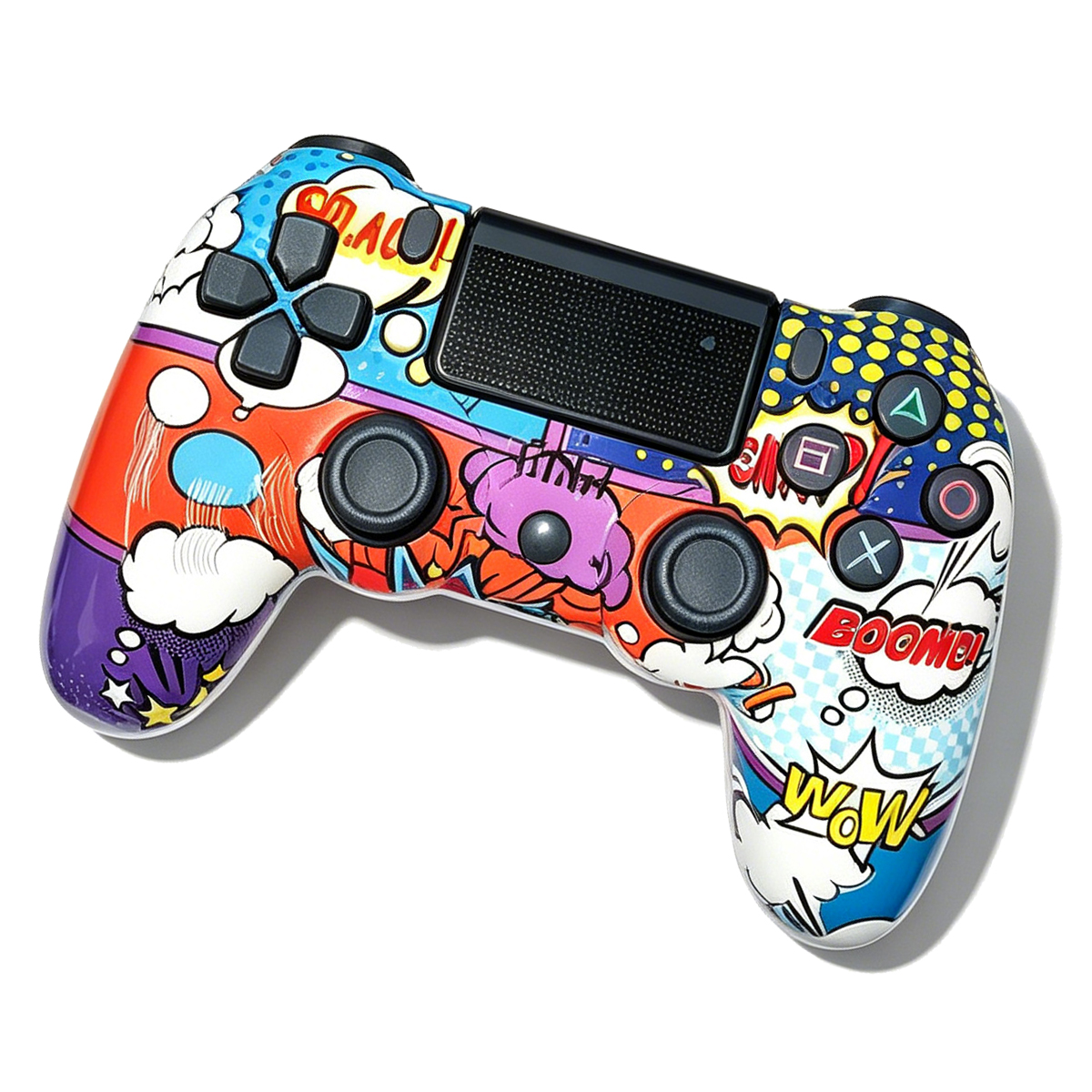 Ein Controller im Comic-Stil mit bunten Sprechblasen wie 'BOOM!' und 'WOW!'