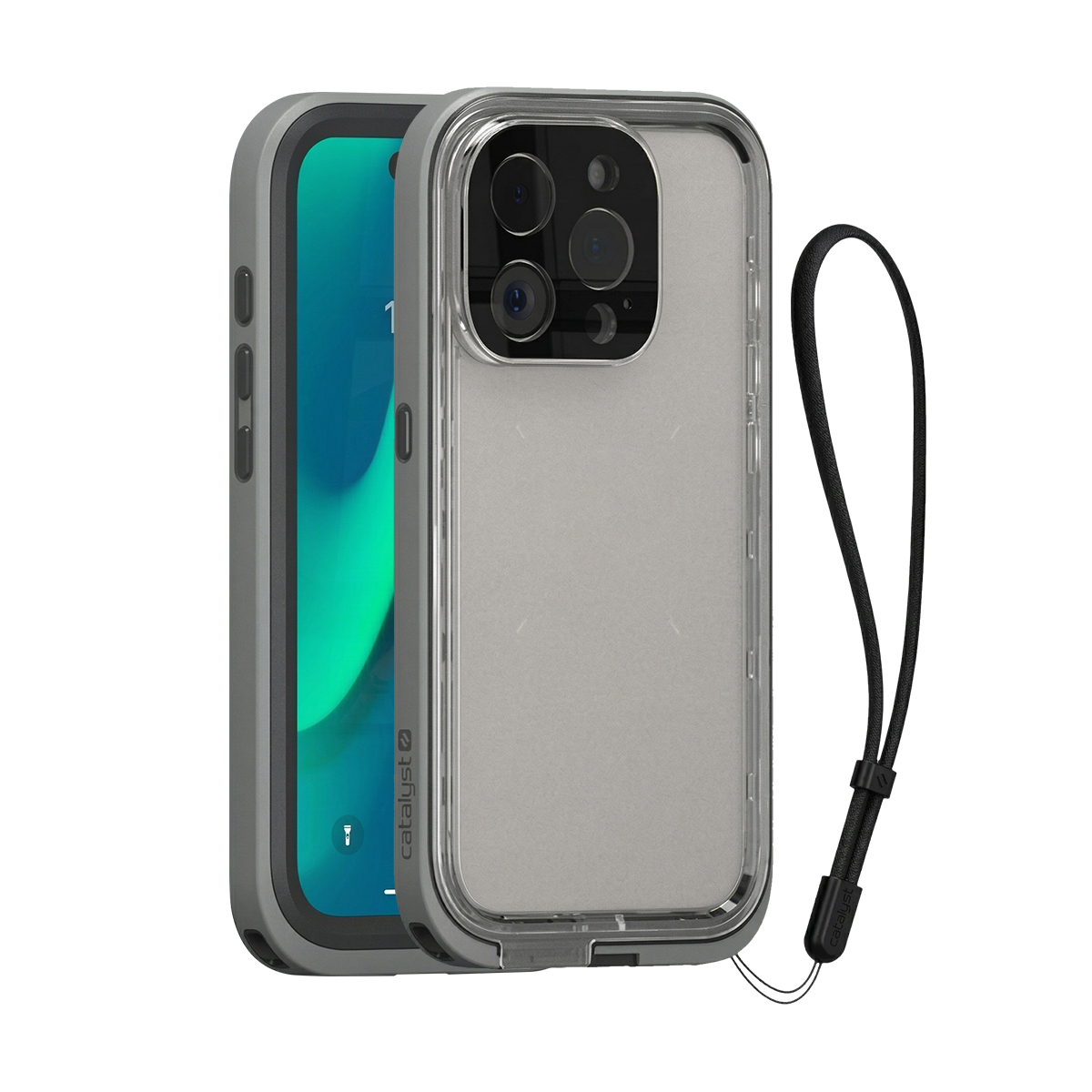Coque grise pour iPhone avec dos transparent et lanière.