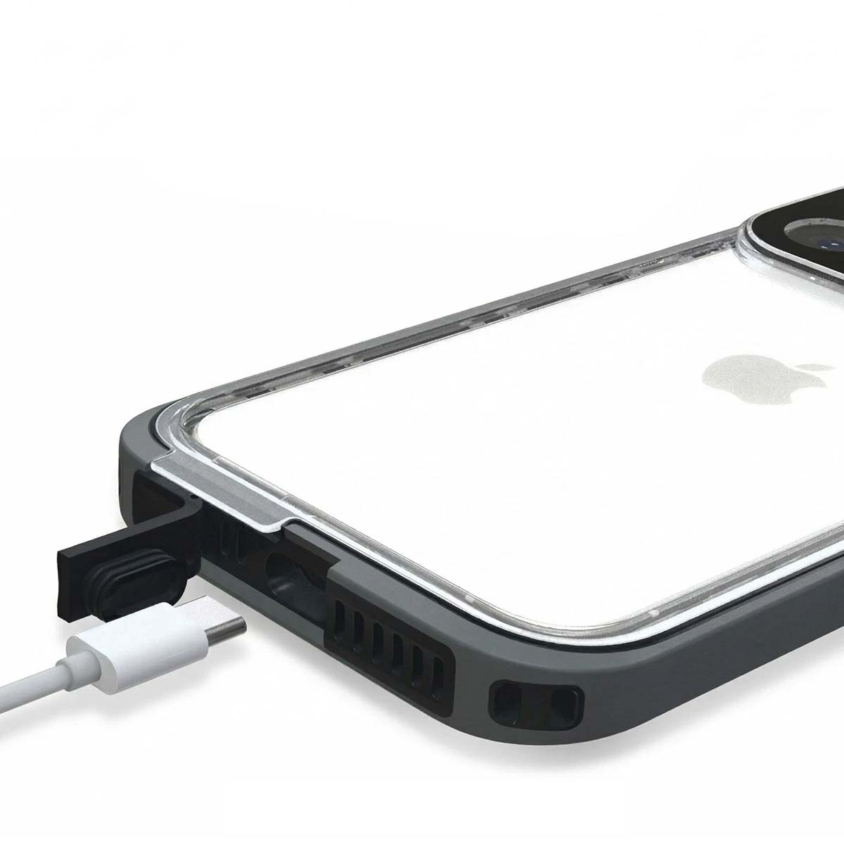 Coque grise avec câble de chargement blanc branché.