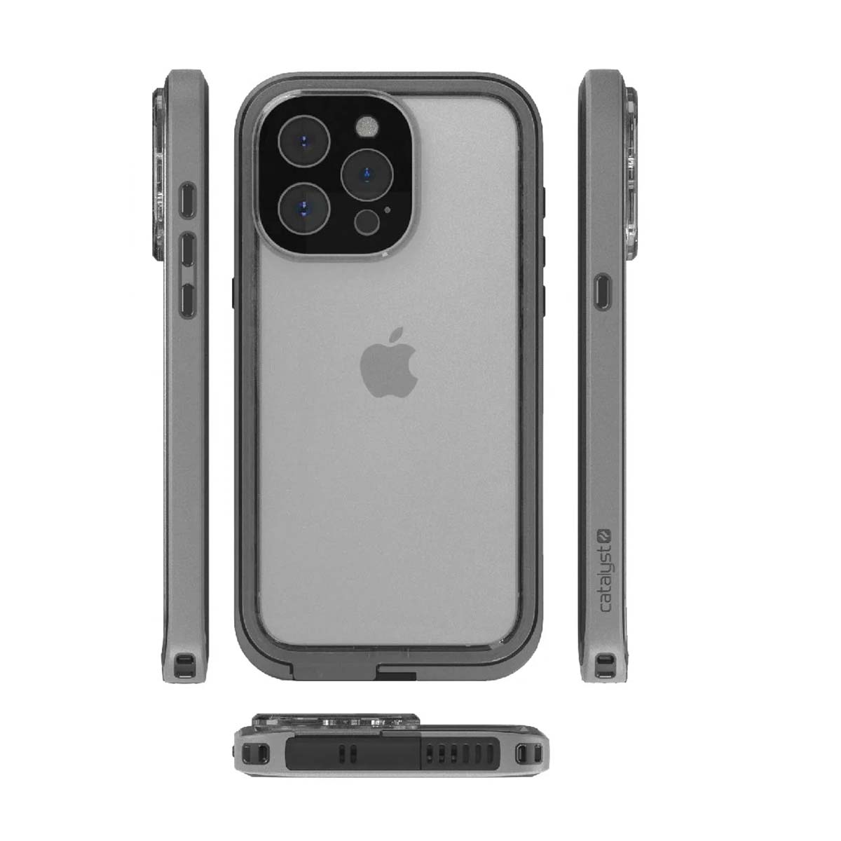 iPhone gris dans un étui transparent, vues de face, de côté et de dessous.