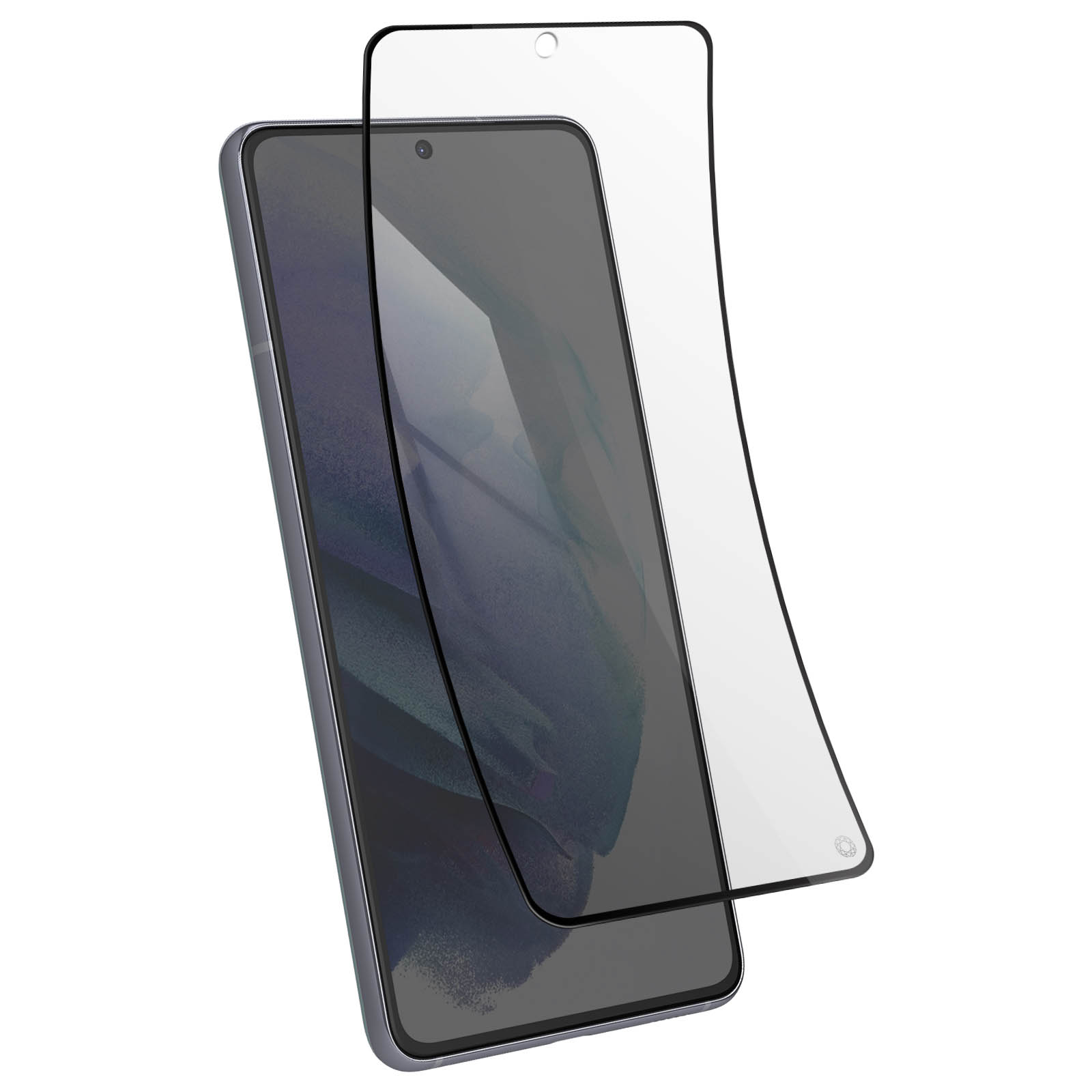 Een smartphone met een gedeeltelijk aangebrachte schermprotector.