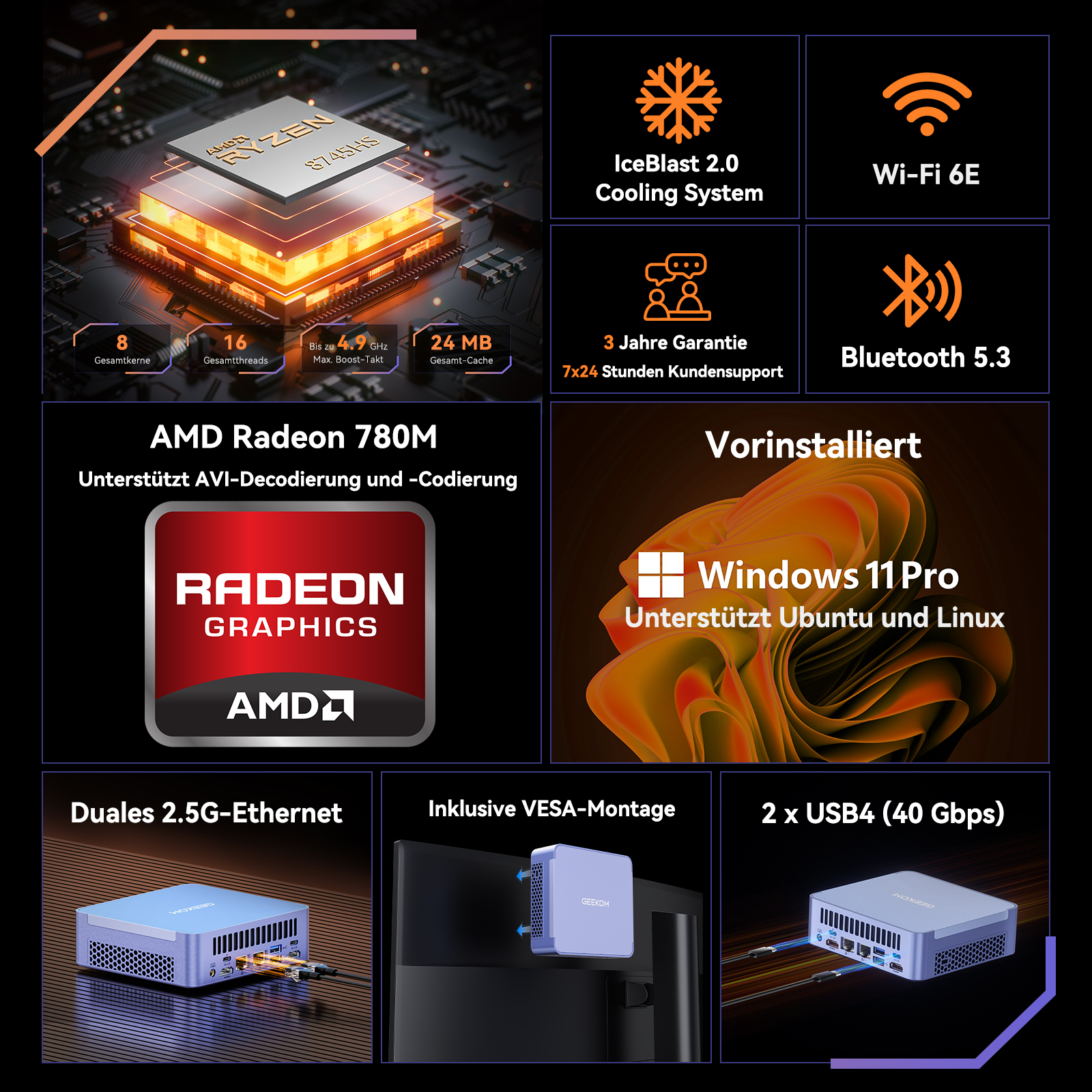 AMD Ryzen Prozessor mit 8 Kernen, 16 Threads, 4.9 GHz Takt, 24MB Cache.
