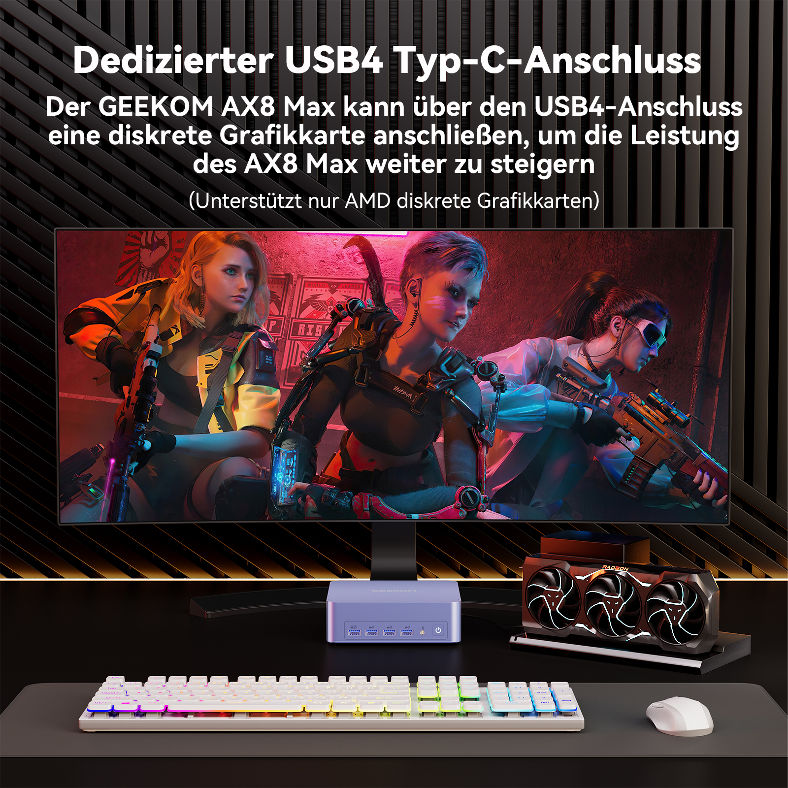 Drei Cyberpunk-Kriegerinnen auf einem Monitor, Tastatur und Grafikkarte darunter.