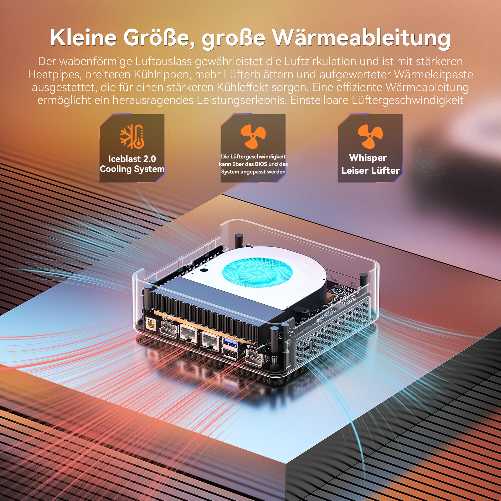 Ein durchsichtiger Computer mit Lüftern, Kühlrippen und Anschlüssen.