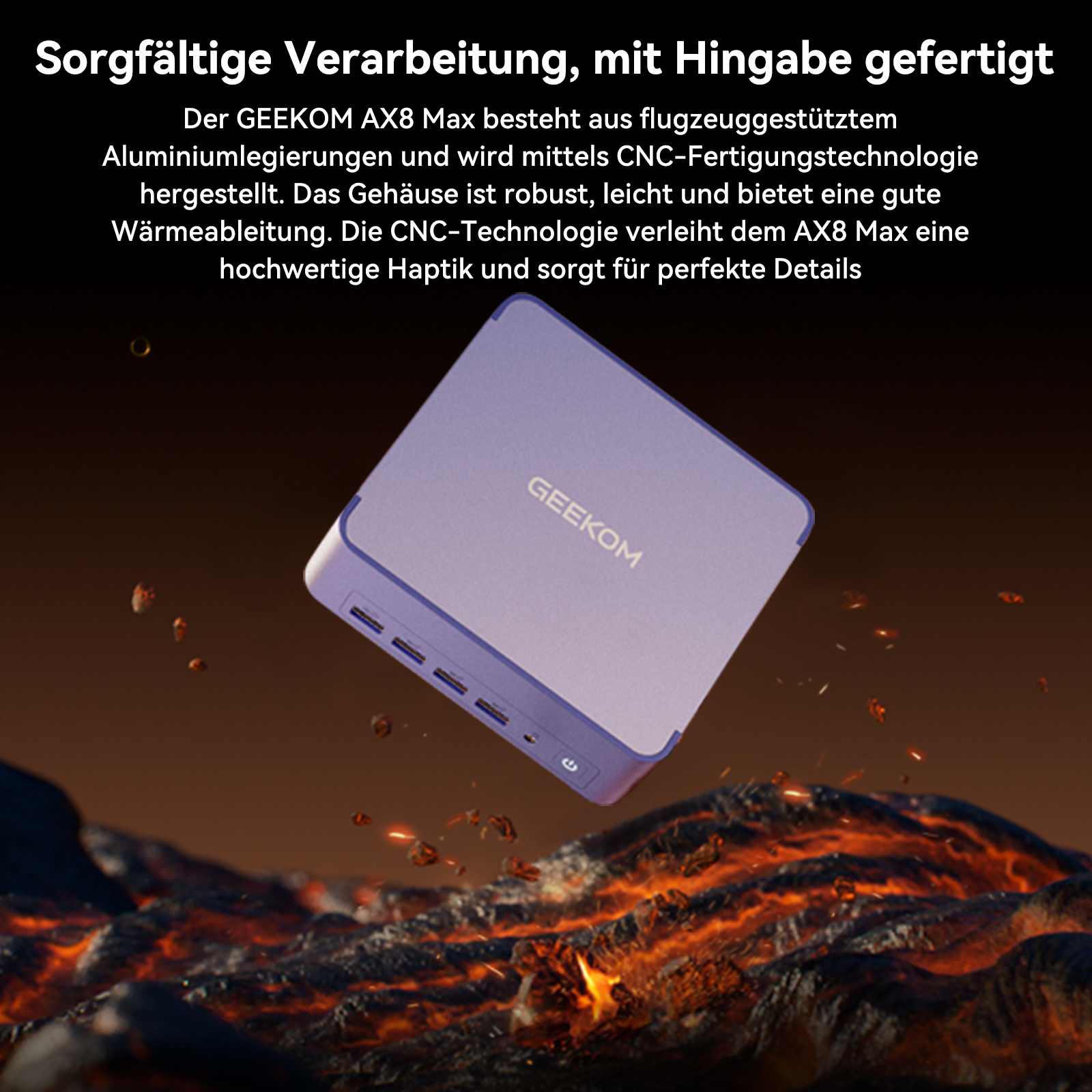 Ein lila GEEKOM AX8 Max Computer schwebt über glühender Lava.