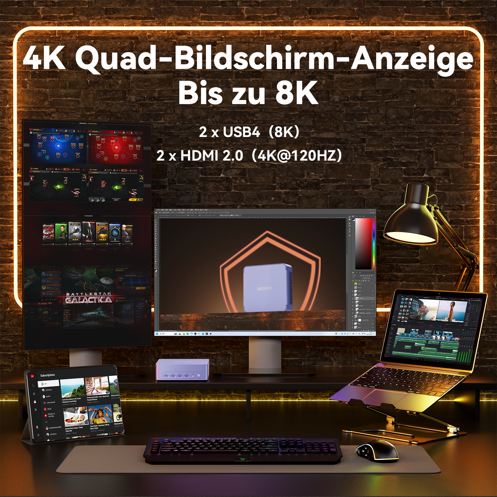 Ein Schreibtisch mit mehreren Monitoren, einem Laptop, einer Tastatur und einer Maus.