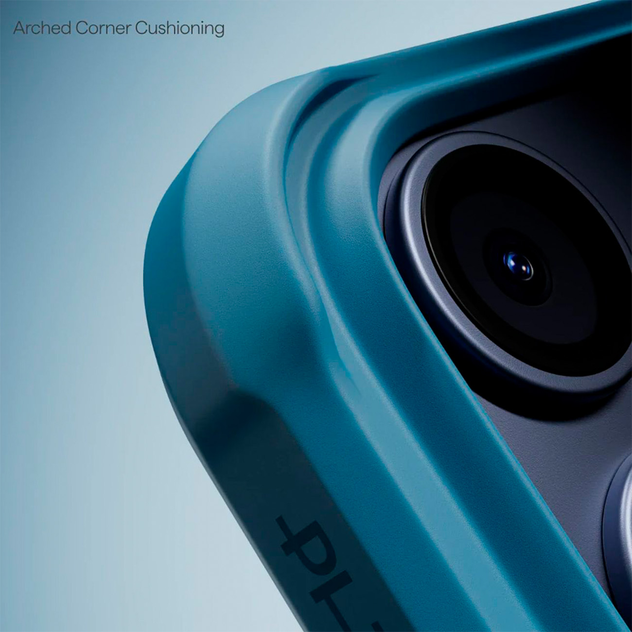 Dettaglio custodia blu telefono con lente fotocamera e testo "Arch Corner Cushioning".