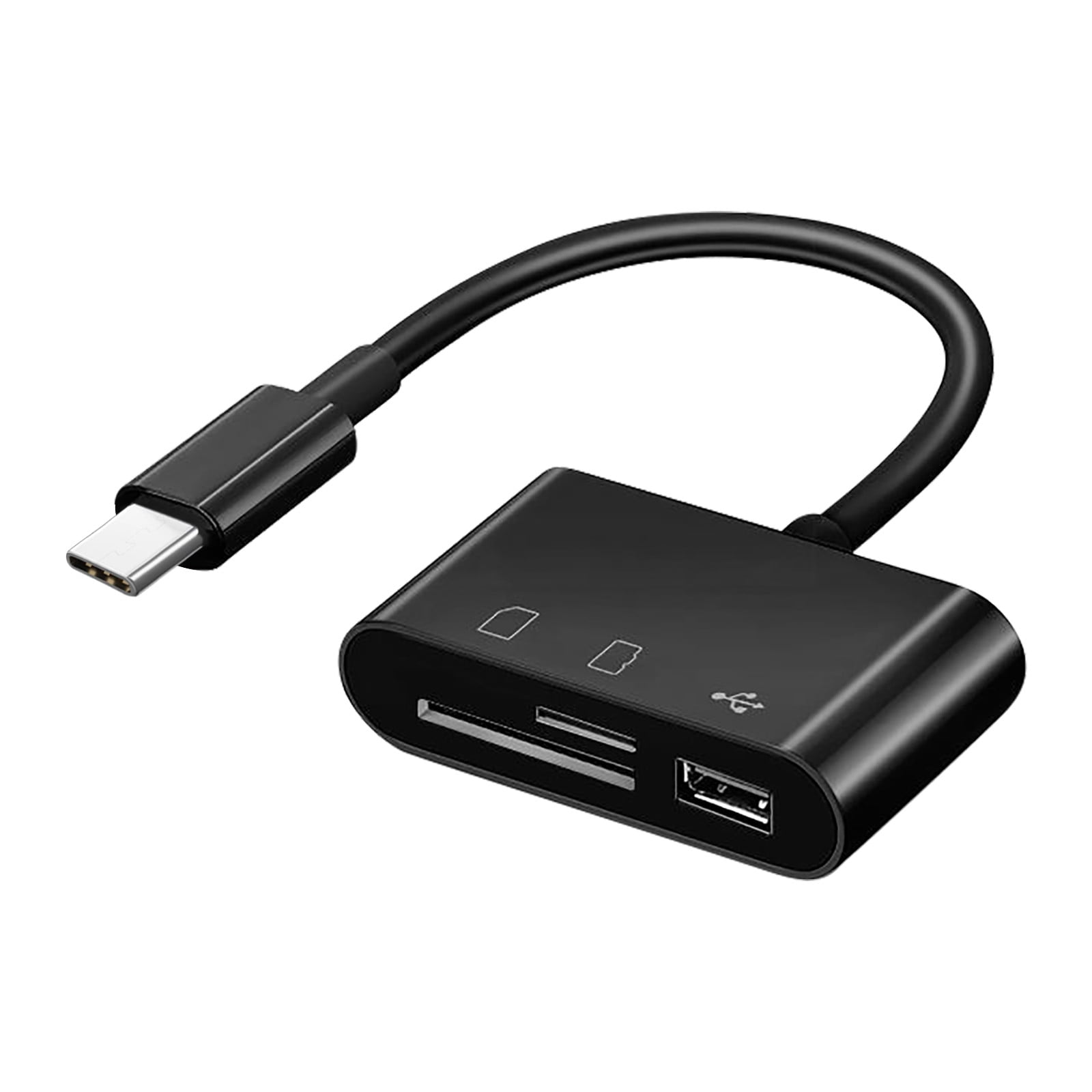 Schwarzer USB-C Kartenleser mit SD- und MicroSD-Steckplätzen und einem USB-A-Anschluss.