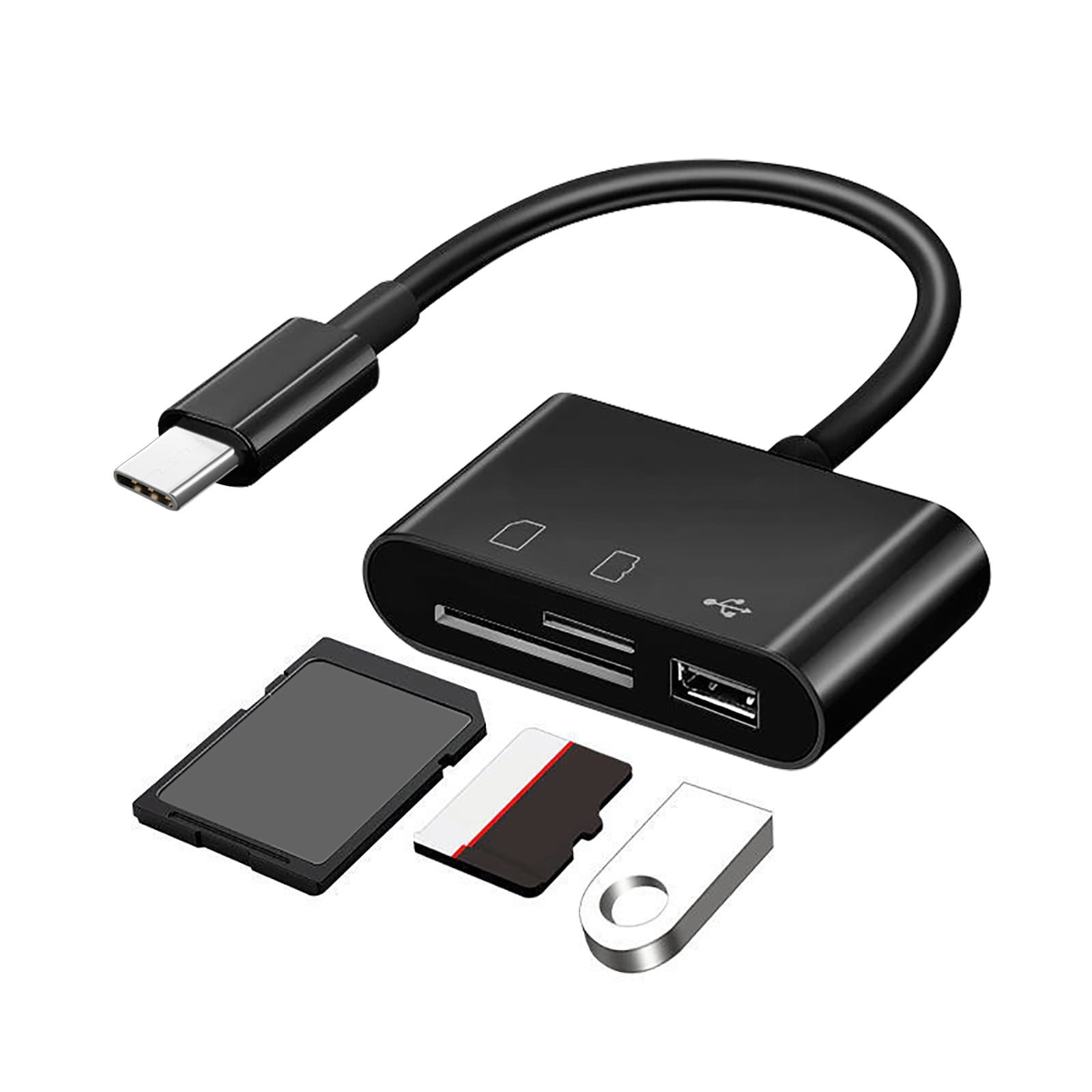 Schwarzer Kartenleser mit USB-C, USB-A, SD- und microSD-Steckplätzen.