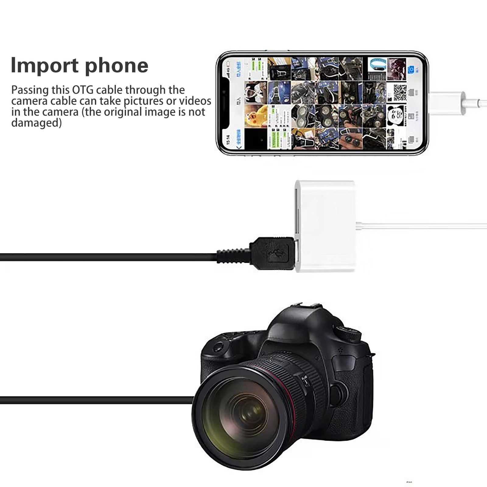 Ein Smartphone wird über ein OTG-Kabel mit einer Kamera verbunden.