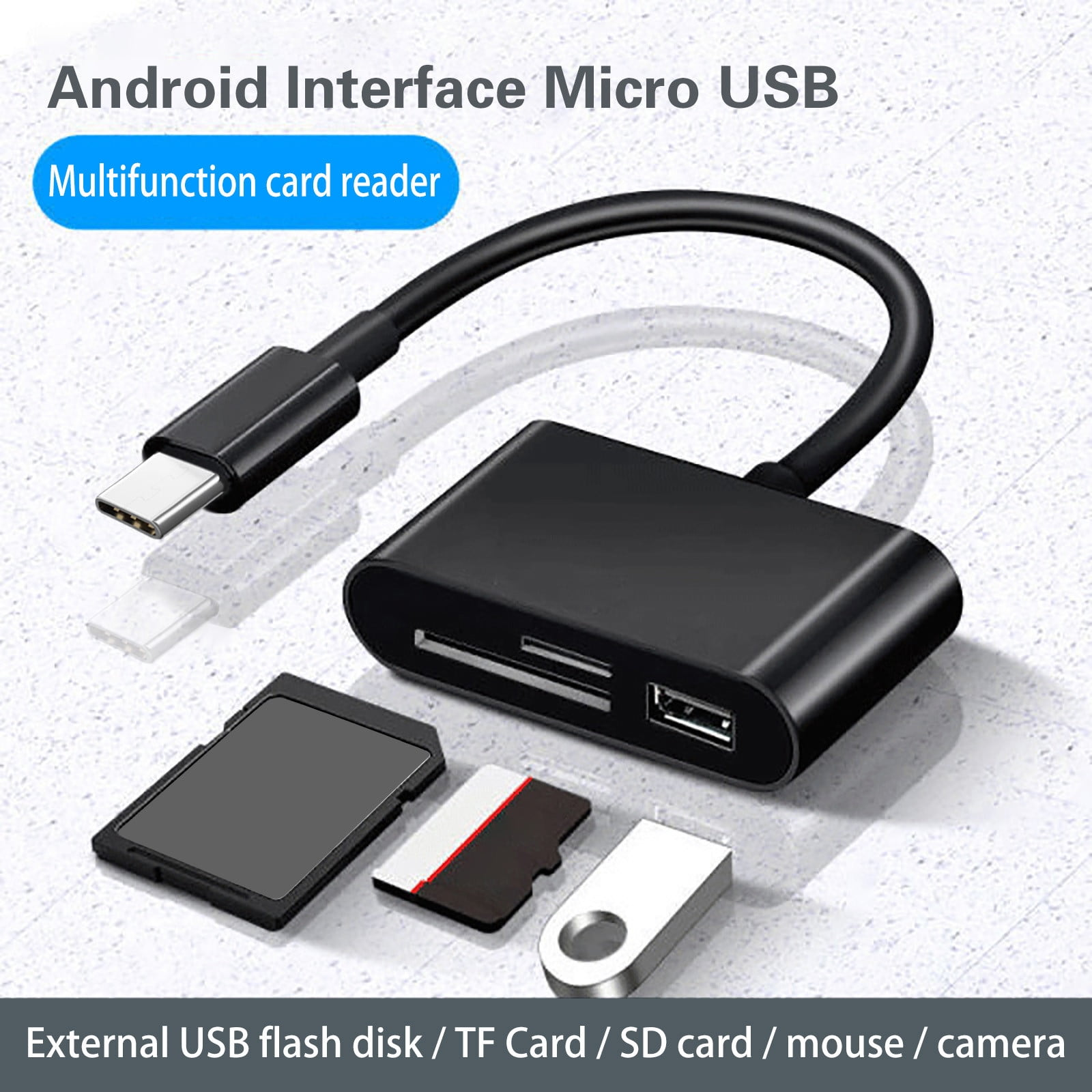 Schwarzer USB-C-Kartenleser mit SD- und TF-Kartensteckplätzen und einem USB-A-Anschluss.