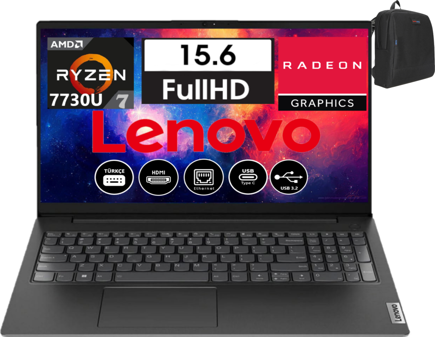 15,6 inç FHD ekrana, AMD Ryzen 7 CPU'ya ve Radeon grafiklere sahip siyah bir Lenovo dizüstü bilgisayar.