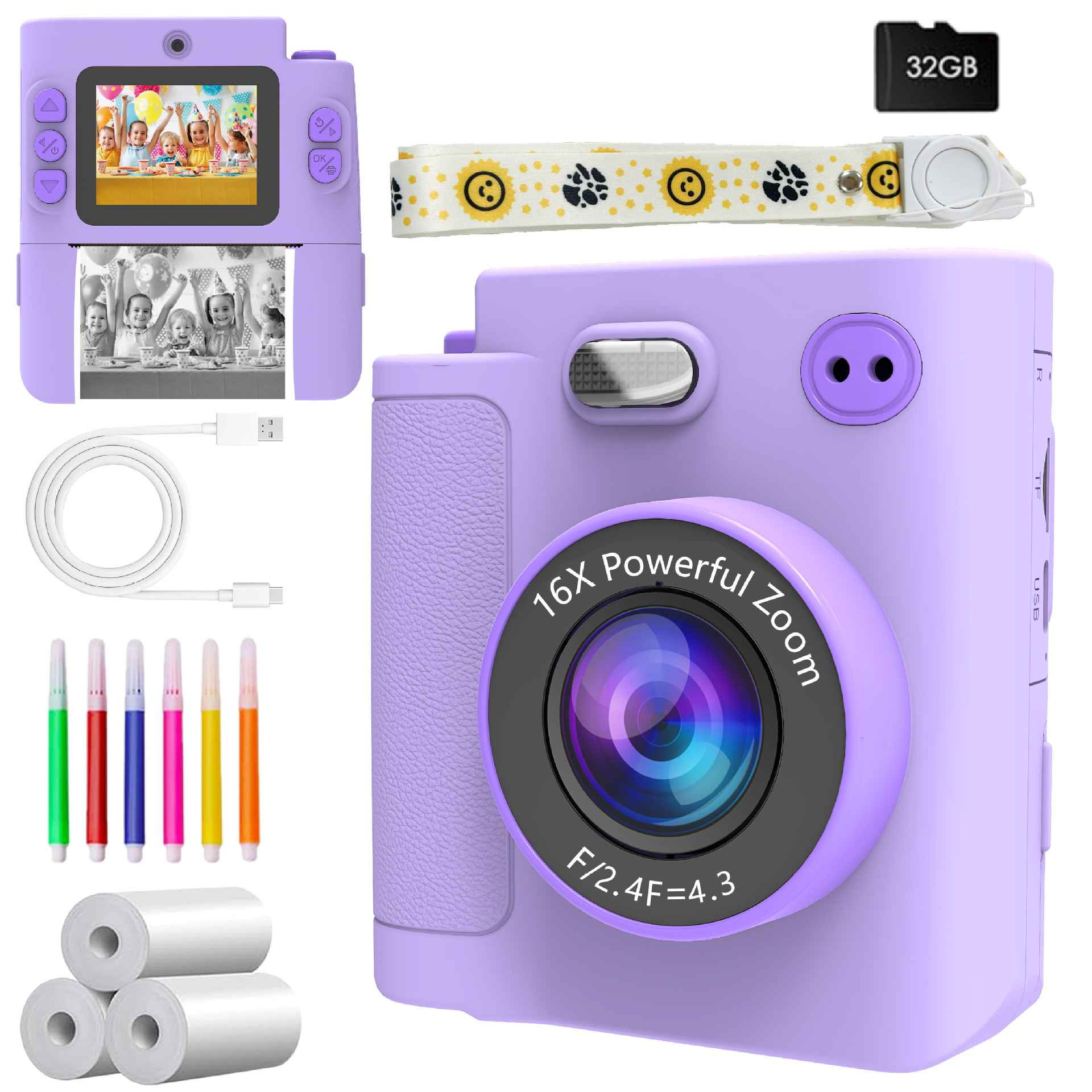 Lila Digitalkamera mit Zubehör: SD-Karte, Lanyard, USB-Kabel, Rollen.