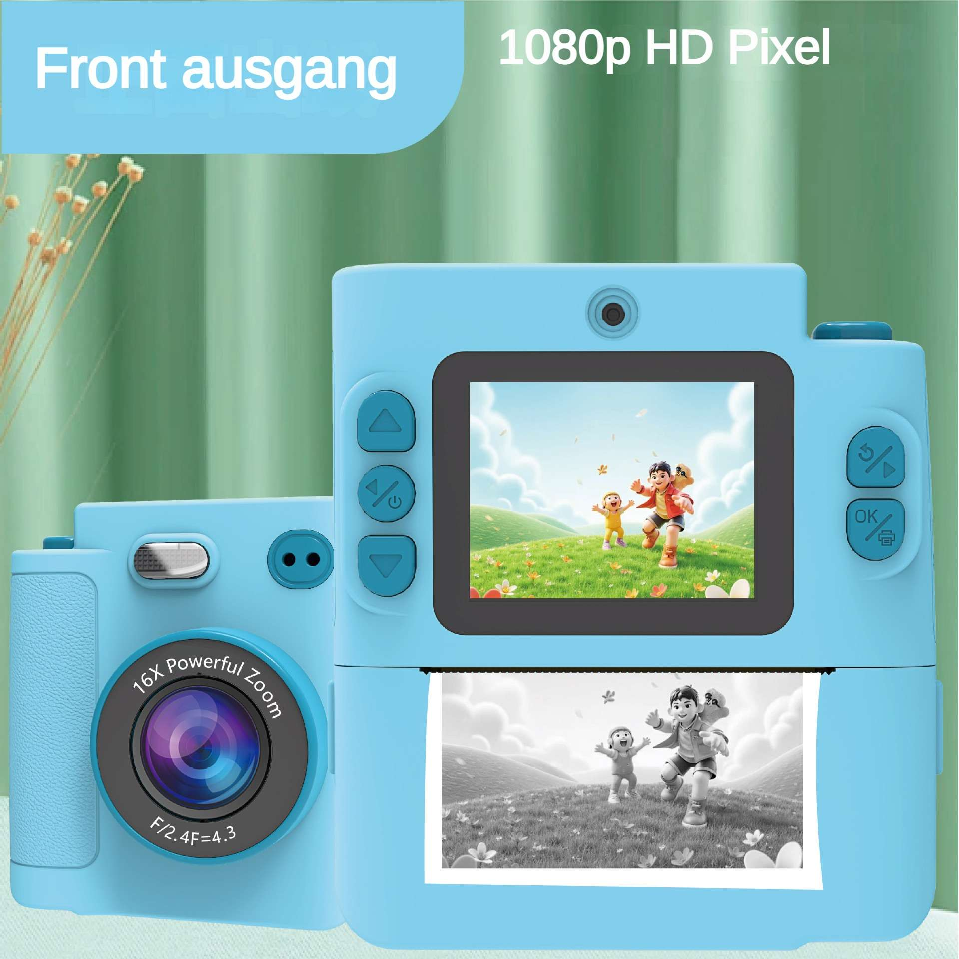 Blaue Digitalkamera mit Druckfunktion, zeigt bunte und Schwarz-Weiß-Bilder.