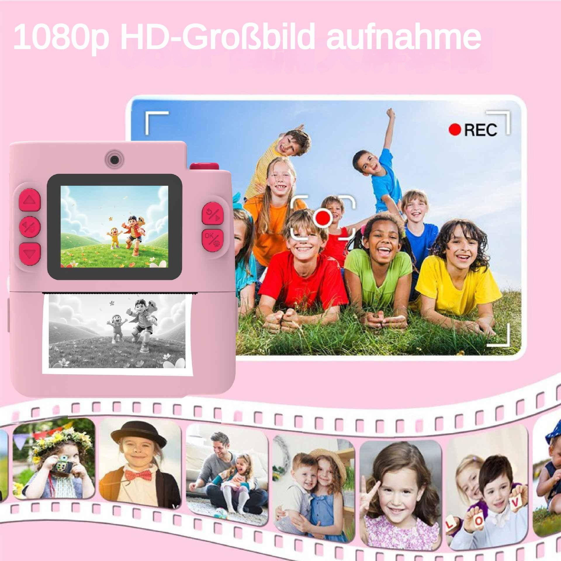Rosa Kamera zeigt Kinder onscreen und druckt ein Bild. Mehrere Kinder auf Rasen.