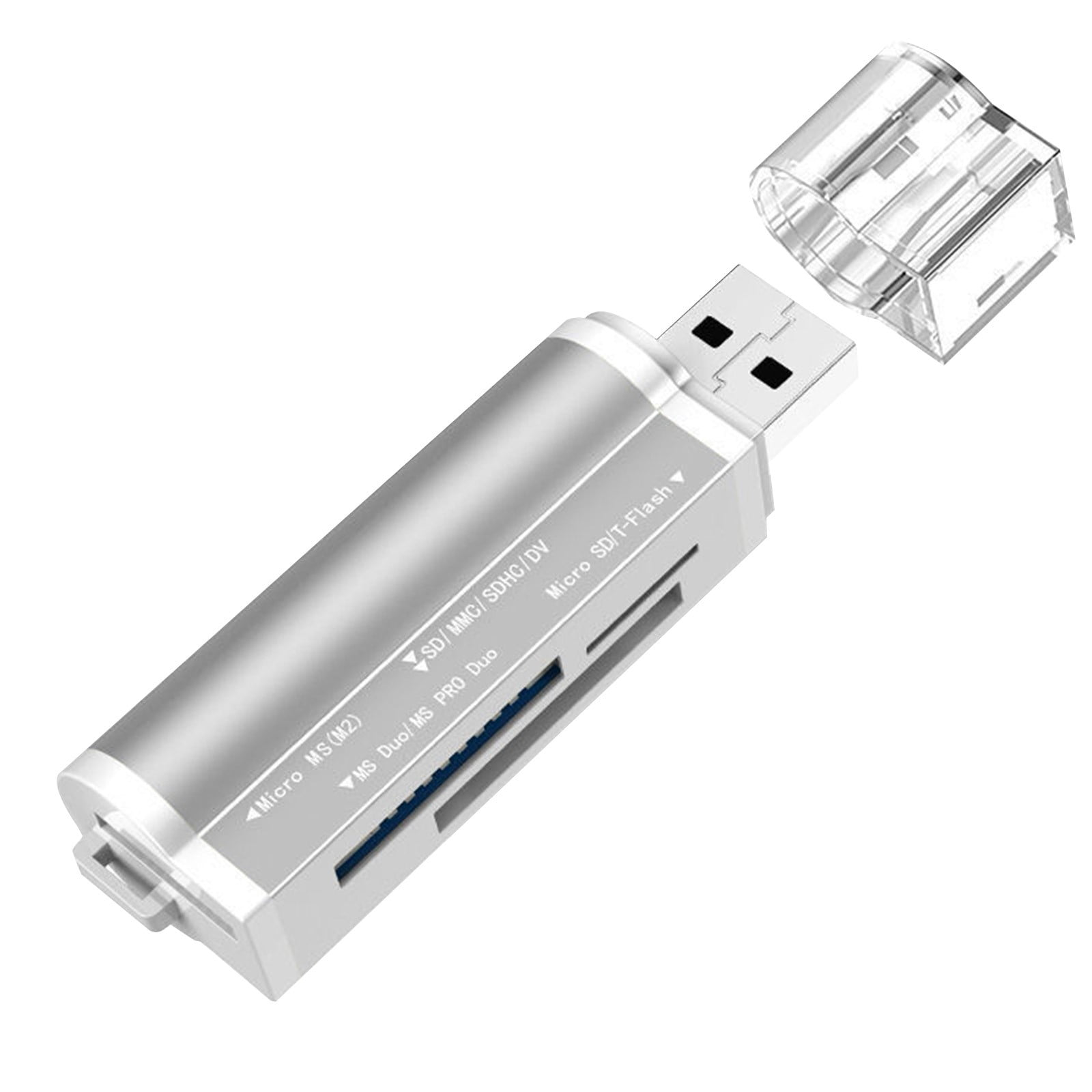 Silberner USB-Kartenleser mit abgenommenem transparentem Deckel und USB-Stecker.
