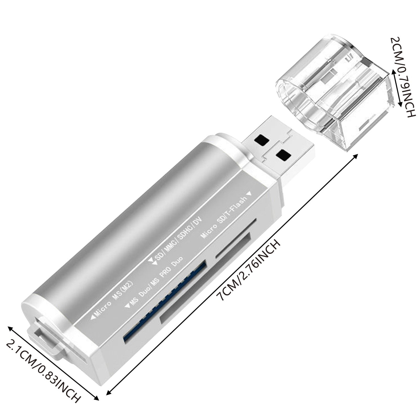 Silberner USB-Kartenleser mit mehreren Steckplätzen und klarer Kappe. Maße angezeigt.