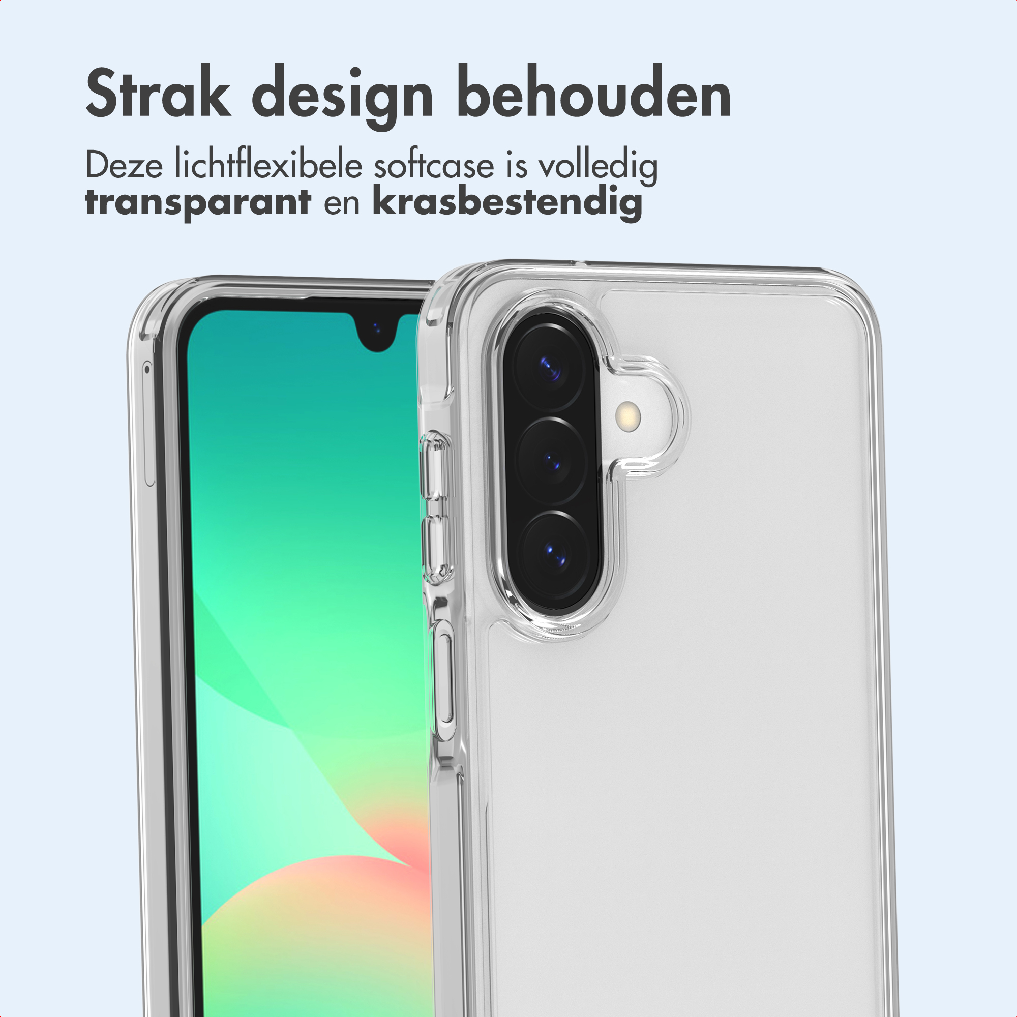 Ein durchsichtiges Handy-Case mit drei Kameras und Blitz auf einem Handy mit grünem Bildschirm.