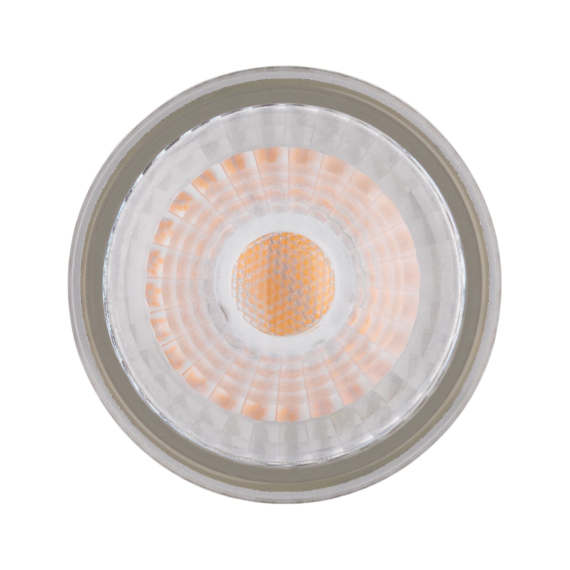 Nahaufnahme einer LED-Lampe mit silbernem Gehäuse und konzentrischen orangen Lichtern.