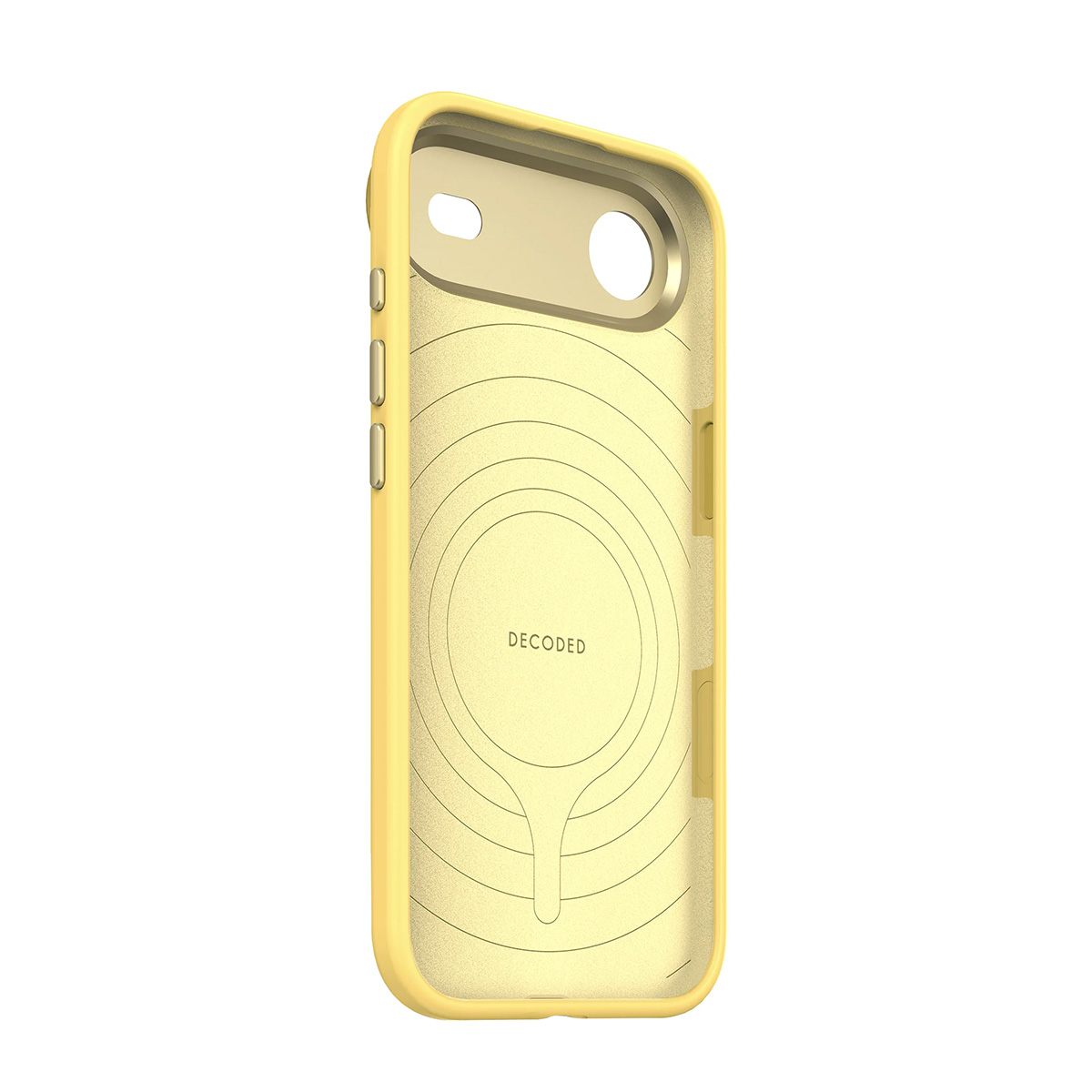 Een gele telefoonhoes met cirkelvormige lijnen en het woord DECODED.