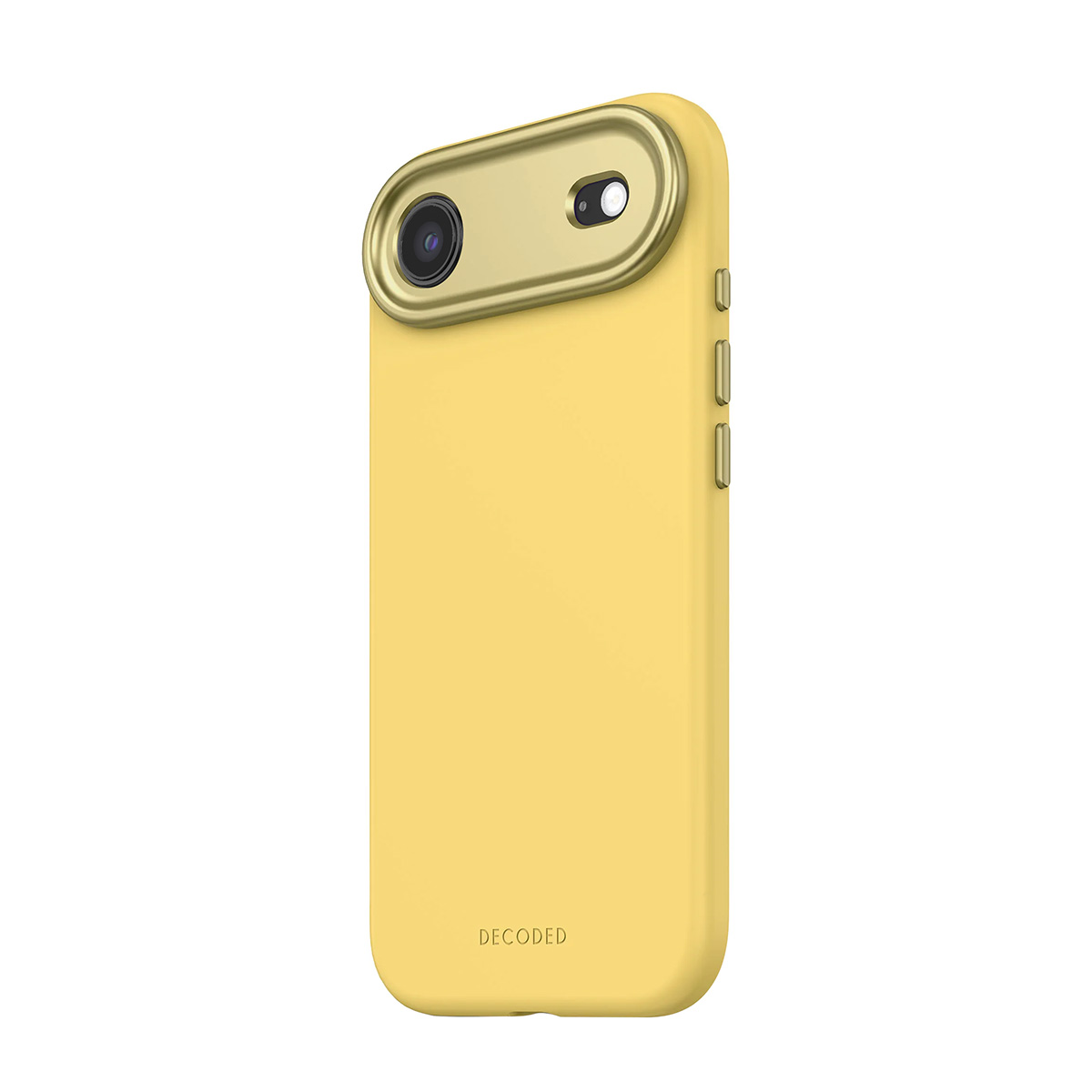 Gele telefoonhoes met gouden camerakader en DECODED-logo.
