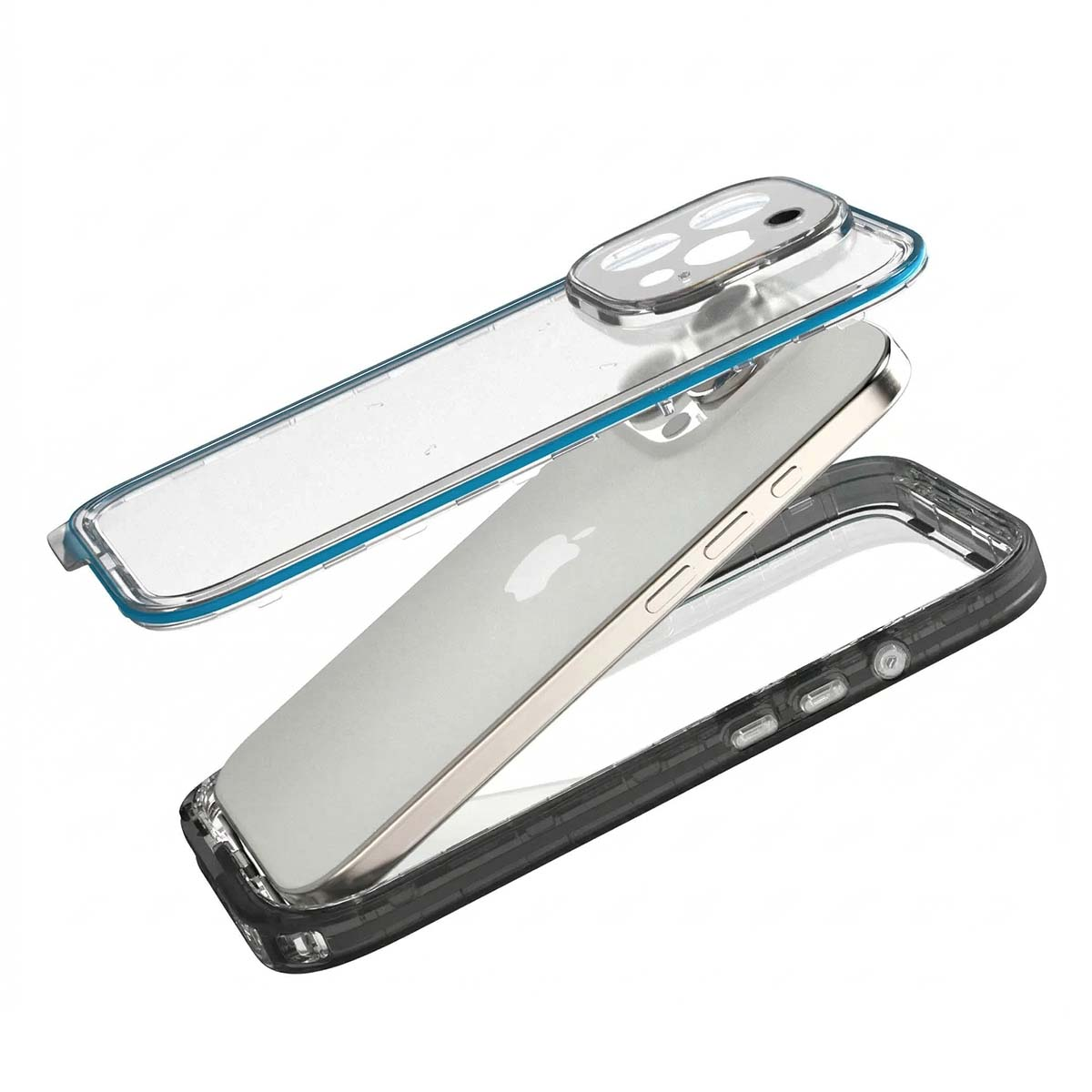 Ein durchsichtiger Handyhülle für ein iPhone, das in seine zwei Teile zerlegt ist.