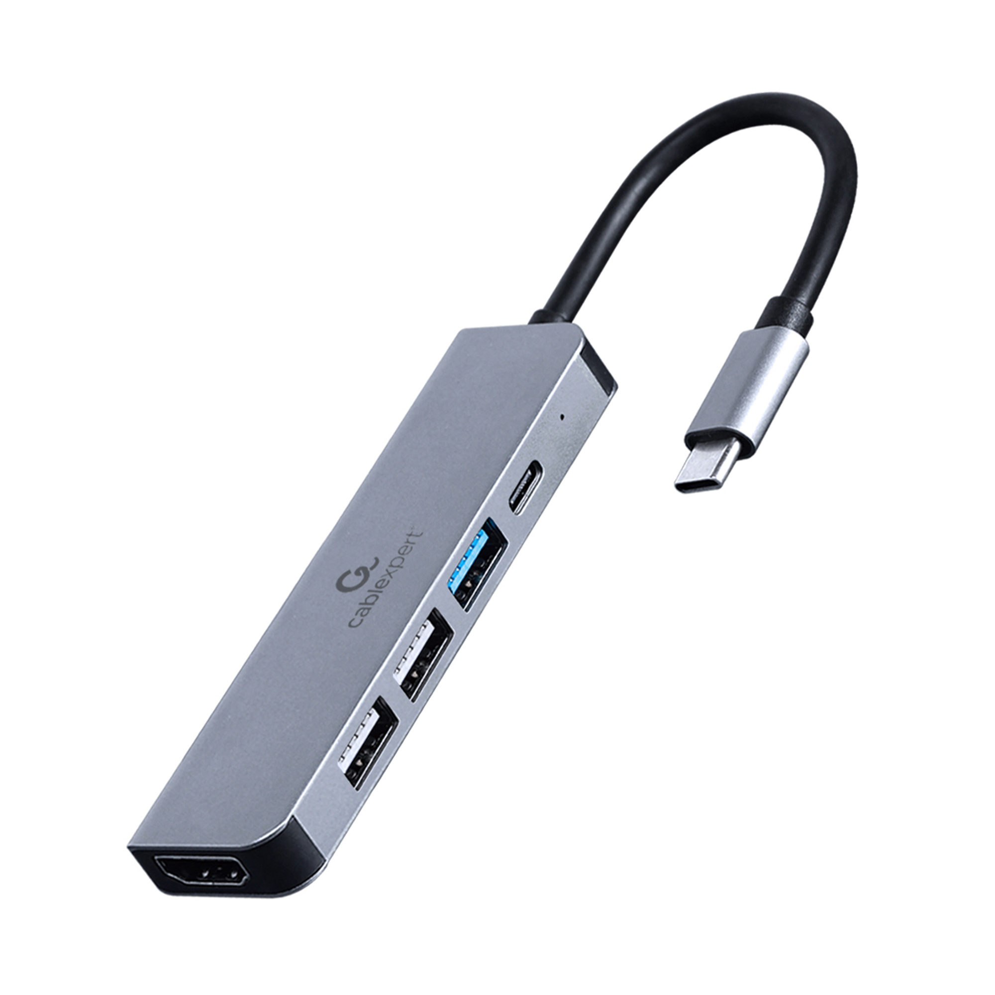 Grauer USB-C-Hub mit HDMI-, USB-A- und USB-C-Anschlüssen, mit schwarzem Kabel.