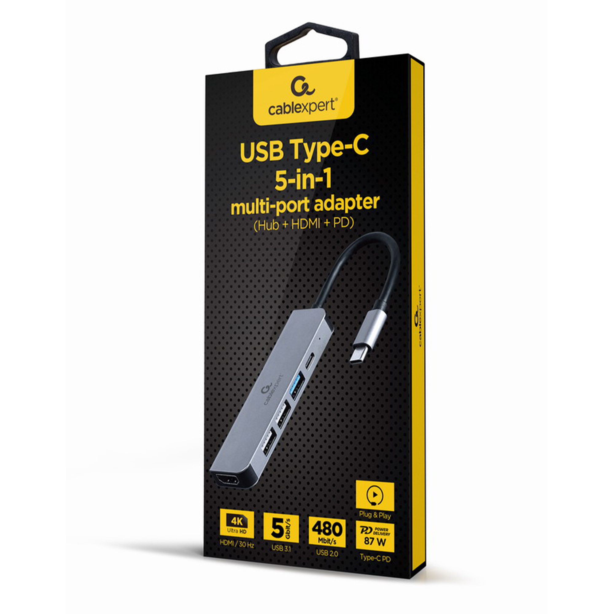 Verpackung eines USB-C-Hubs mit 5 Anschlüssen, HDMI, 4K, USB 3.1 und PD.