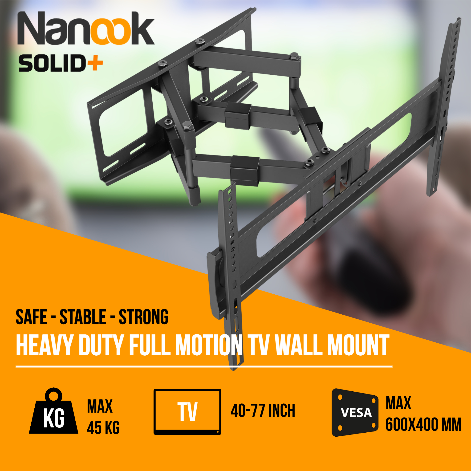 Robuuste, beweegbare tv-muurbeugel van Nanook. Max. 45kg, 40-77 inch, VESA 600x400mm.