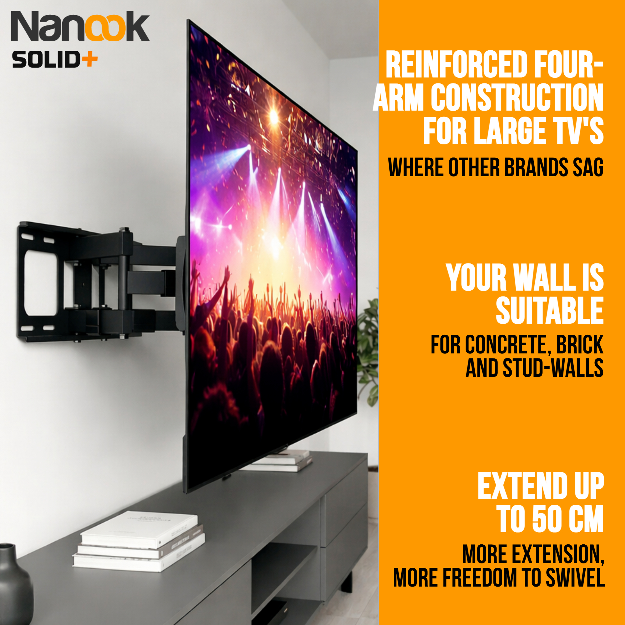Nanook tv-muurbeugel met versterkte constructie voor grote tv's.