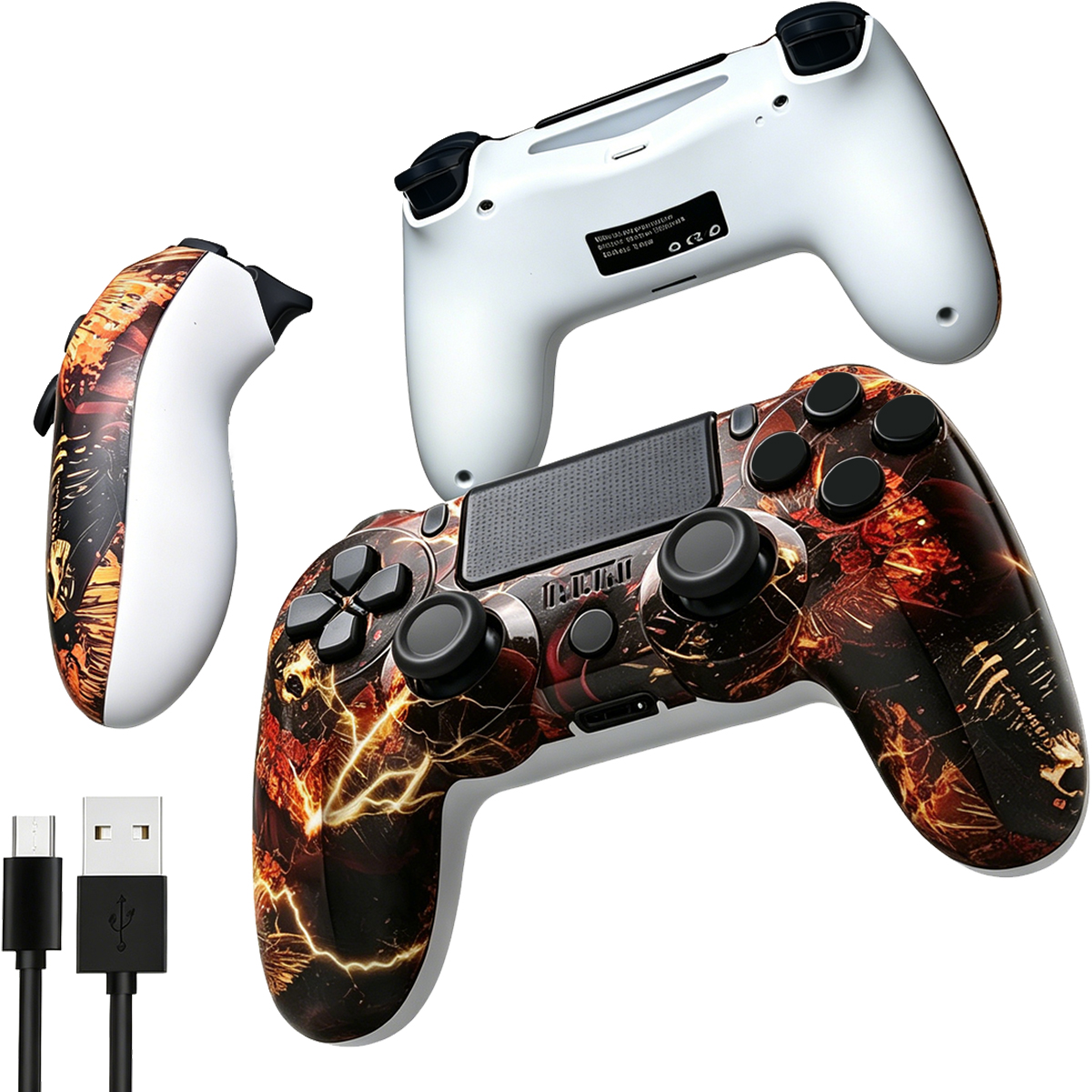 Drei Spielcontroller: einer weiß, einer mit feurigem Design. Zwei USB-Kabel.