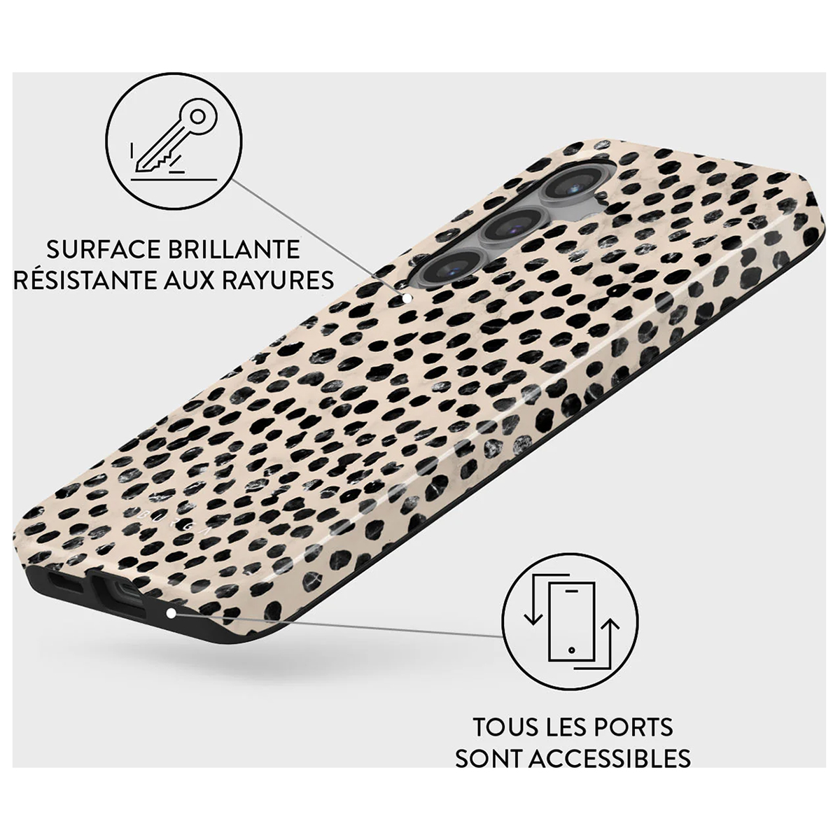 Una cover per telefono con pois neri su sfondo chiaro, con icone per resistenza ai graffi e accesso alle porte.