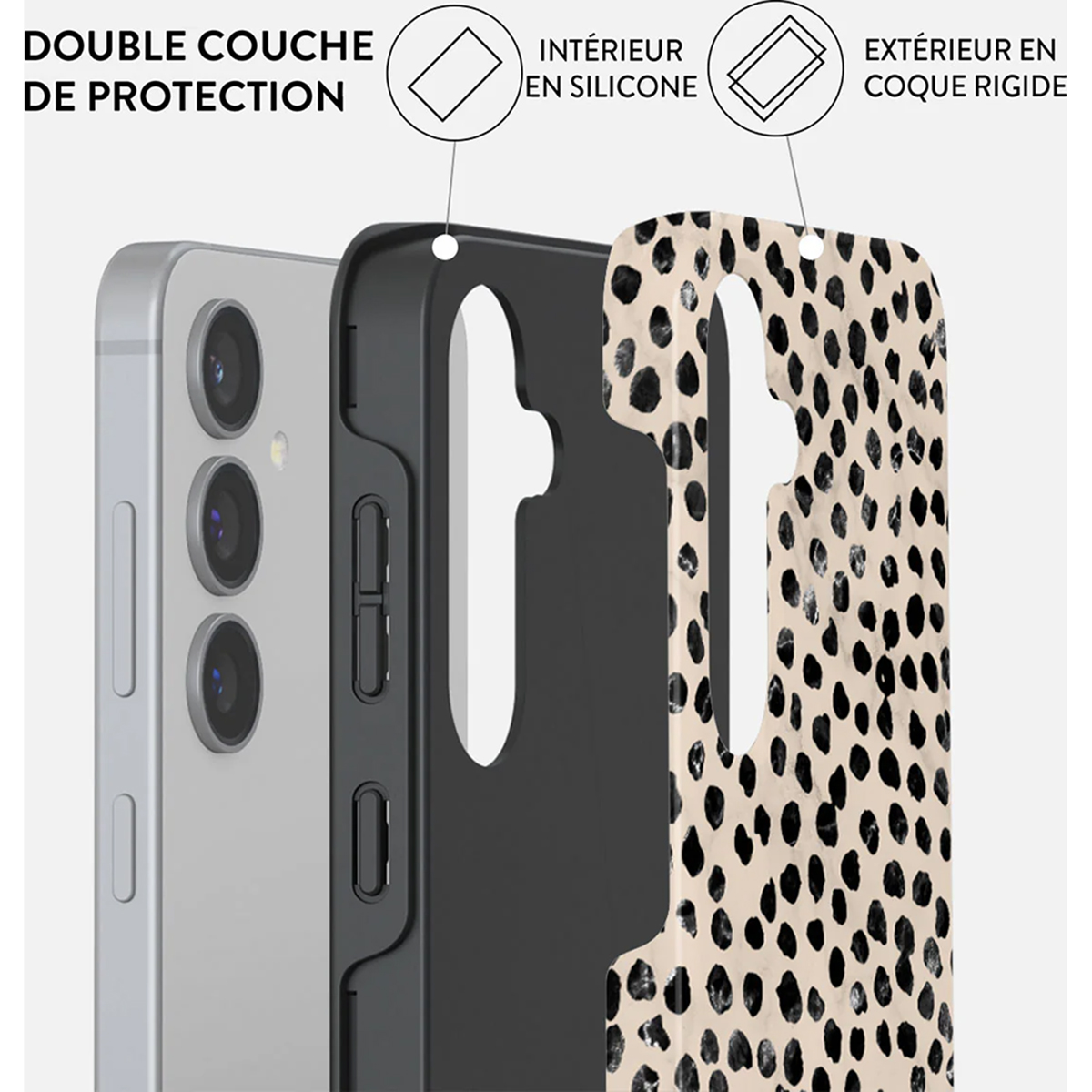 Uno smartphone con una custodia protettiva rimovibile con stampa leopardata.